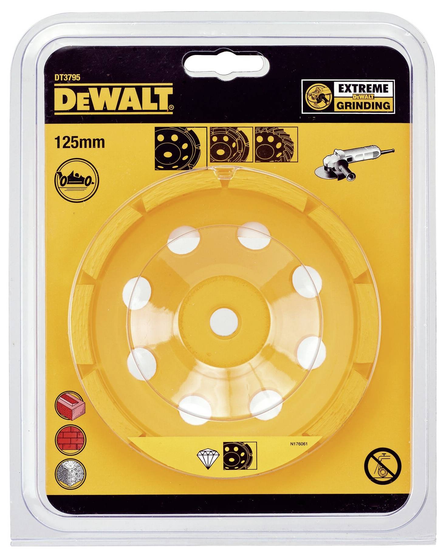 Řezný kotouč Dewalt o průměru 125 mm v balení, vhodný pro extrémní brousicí práce. Obsahuje symboly pro oblast použití.