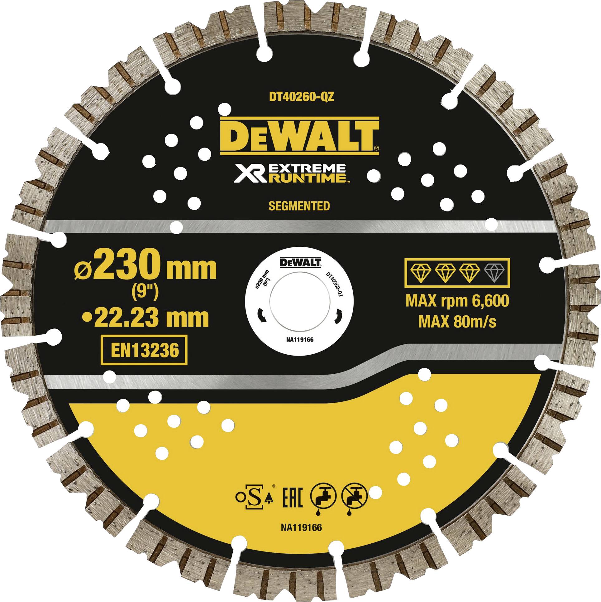 'Řezný kotouč DEWALT DT40260-QZ, Ø230 mm, max. 6.600 ot./min, max. 80 m/s, určený pro beton. Odpovídá normě EN13236, segmentový design.'