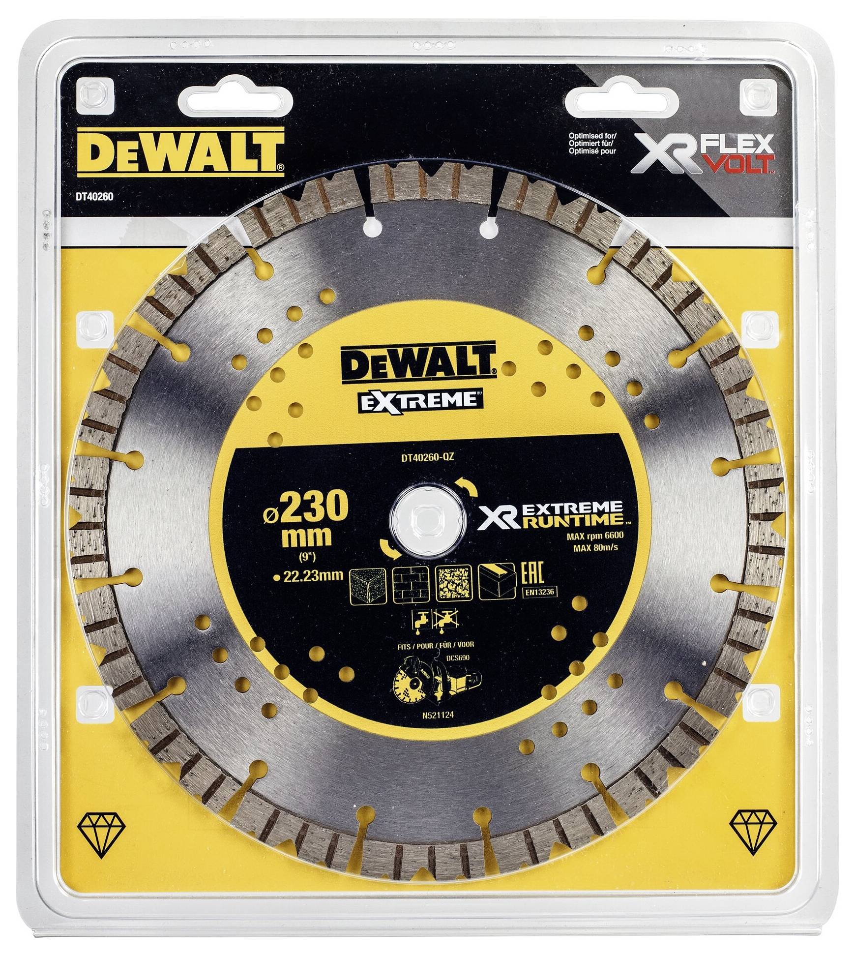 Diamantový kotouč 'Dewalt Extreme' v balení, průměr 230 mm, vhodný pro Xtreme Runtime, bourací a stavební práce.