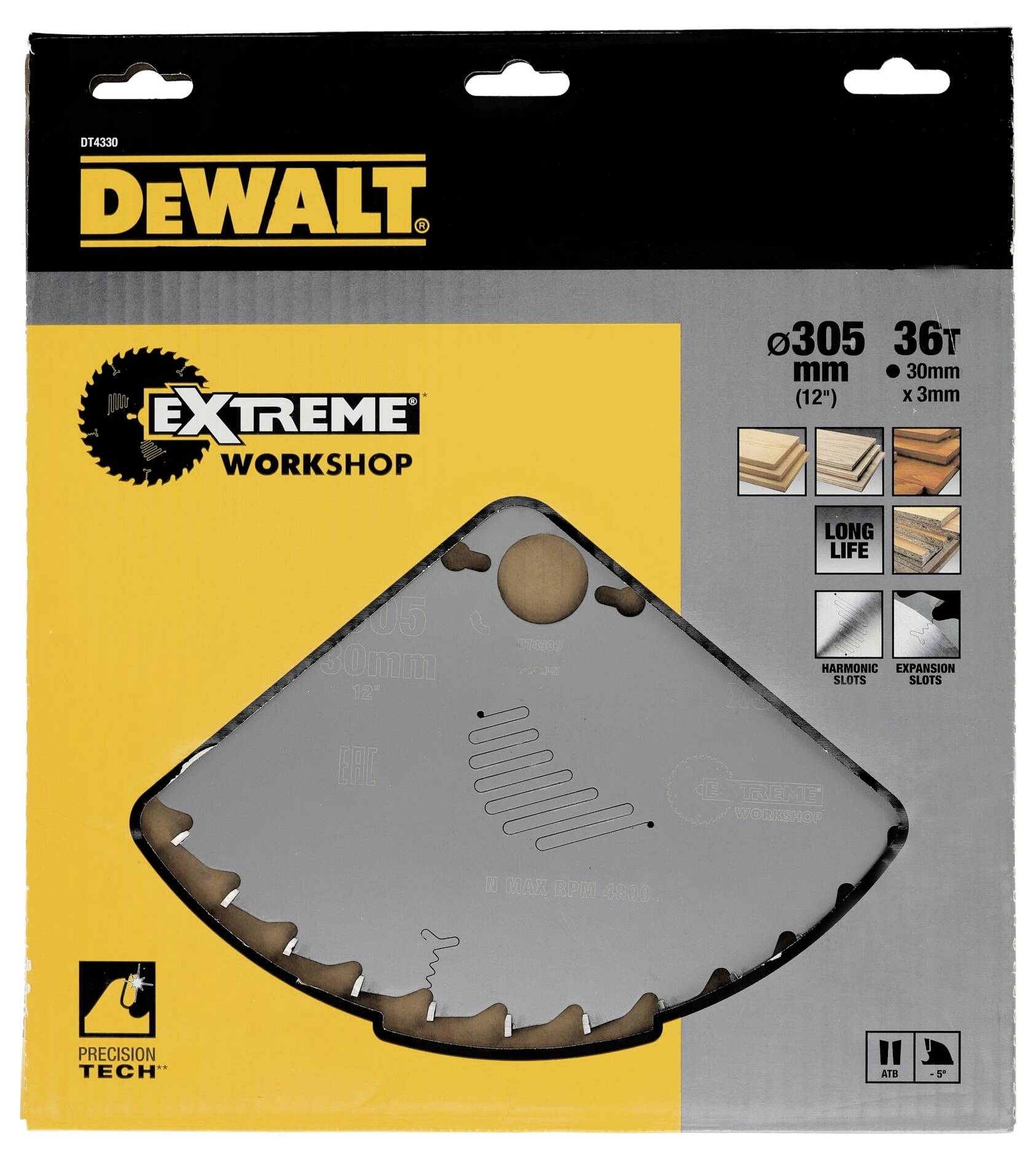 Balení pilového kotouče DeWalt Extreme Workshop, 305 mm, 36 zubů. Vhodný pro práci se dřevem, s dlouhou životností.
