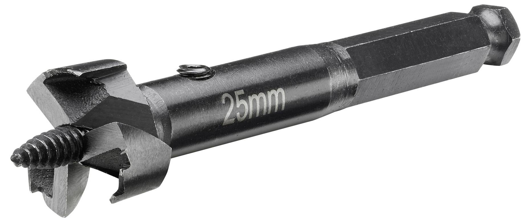 Detailní záběr černého šroubového vytahováku s vyznačením '25 mm' nařapíku, vhodného pro odstraňování poškozených šroubů.