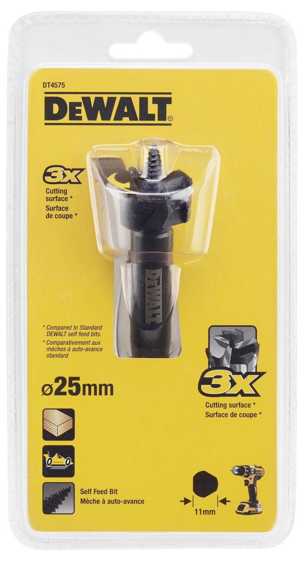 25mm samořezný vrták DeWalt v blistrové kartě. Zdůrazňuje zvýšený řezný výkon 3x, s ukázkovým obrázkem.
