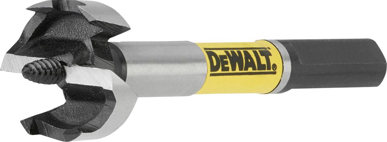Vrták Dewalt se žlutou stopkou a třemi řeznými plochami, vhodný pro přesné vrtání do dřevěných materiálů.