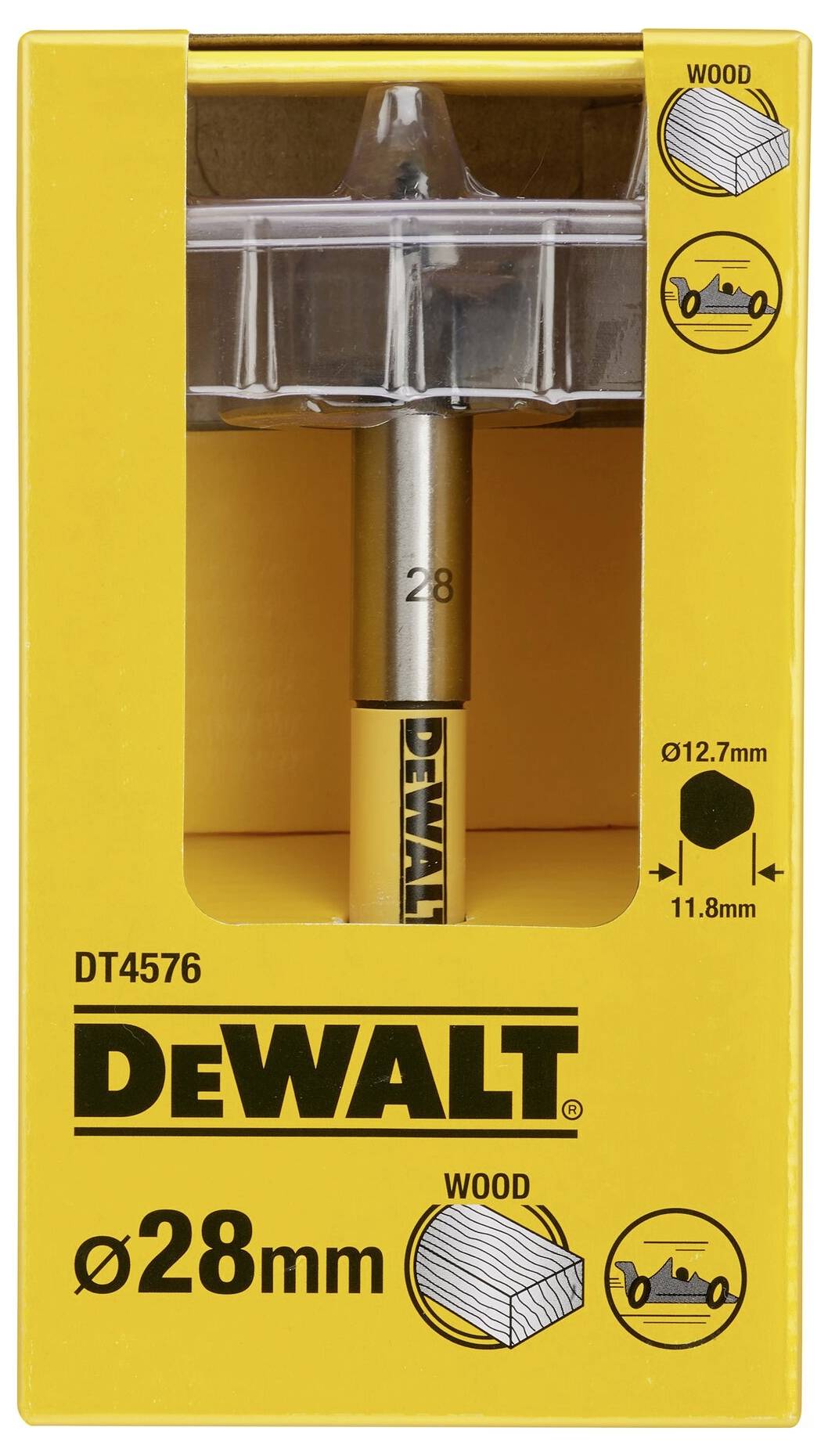 Vrták Dewalt DT4576 do dřeva, žlutý, průměr 28 mm, vhodný pro opracování dřeva. Obal zobrazuje průměr a rozměry.