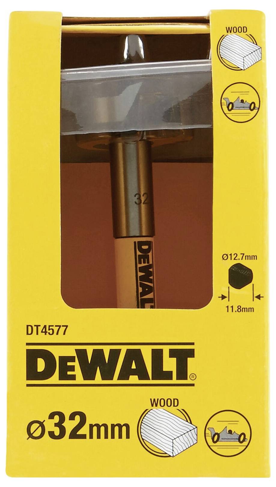 'DeWalt DT4577 dřevěný vrták, 32 mm. Obal ukazuje vrták a ilustrace zobrazující použití ve dřevě.'