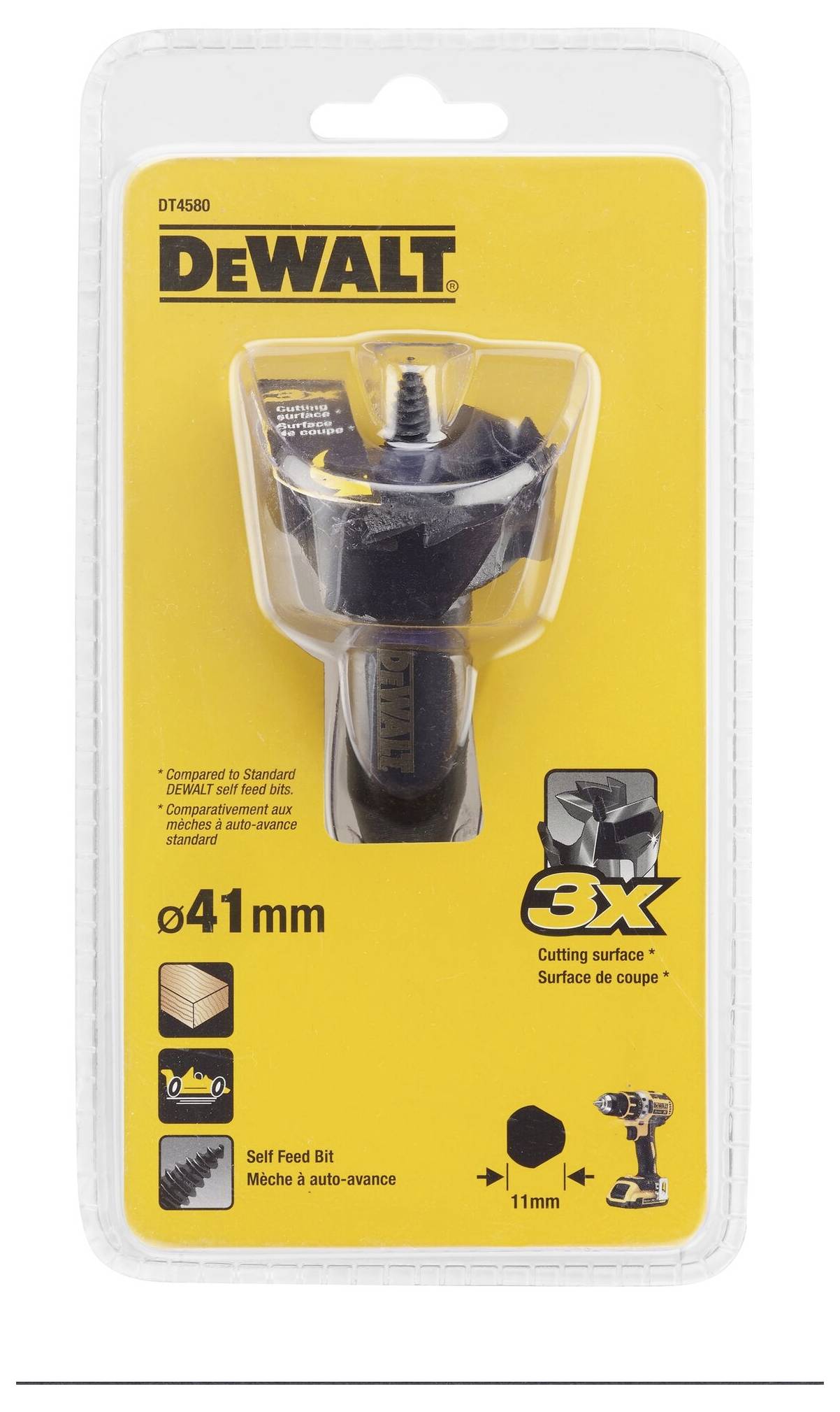 Balení pilové vykružovací korunky DeWalt o průměru 41 mm. Obsahuje pilovou korunkou a vrták, vhodné pro práci se dřevem.