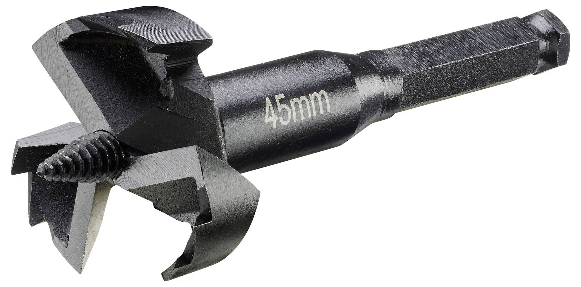 Vrták o průměru 45 mm, tmavě zbarvený, s ostrými hranami a špičkou, vhodný pro vrtání velkých děr do dřeva.