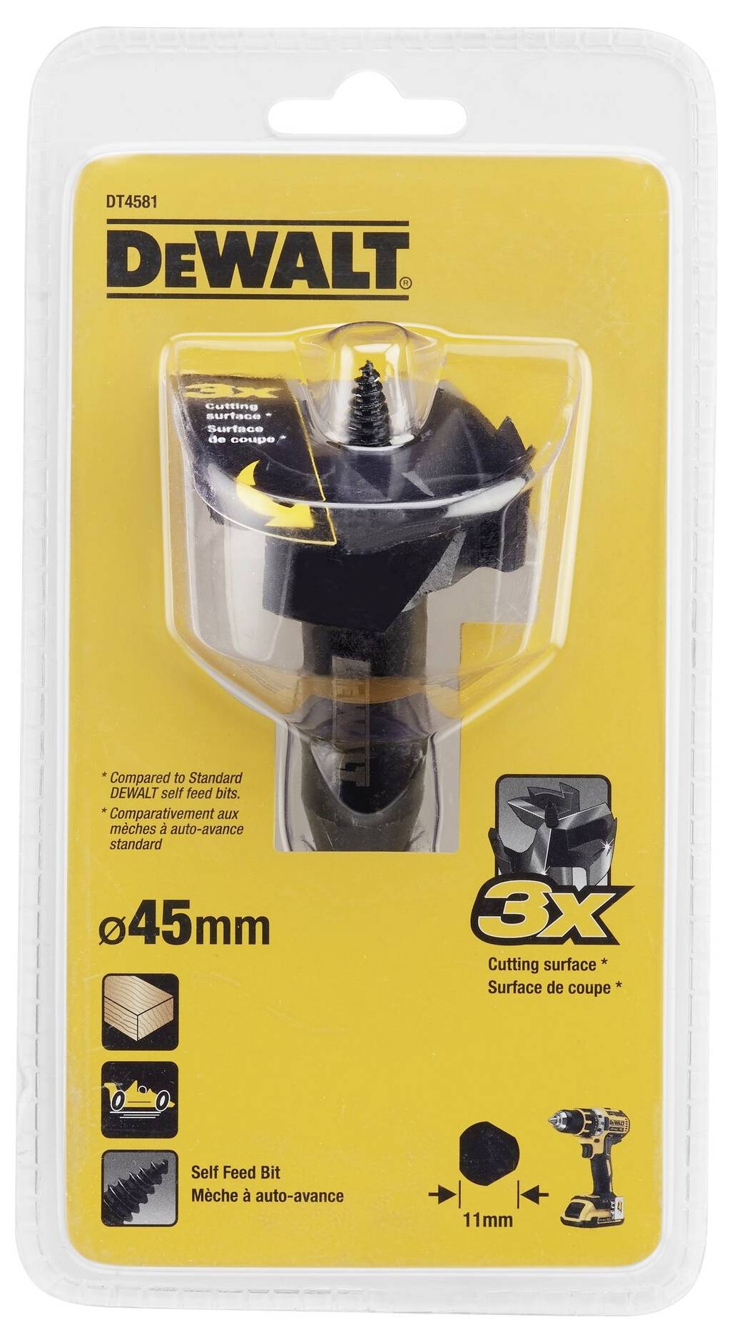 Balení DeWalt vrtáku o průměru 45 mm se třemi řeznými plochami. Vhodný pro dřevo, samovrtný, kompatibilní s 11mm sklíčidlem.