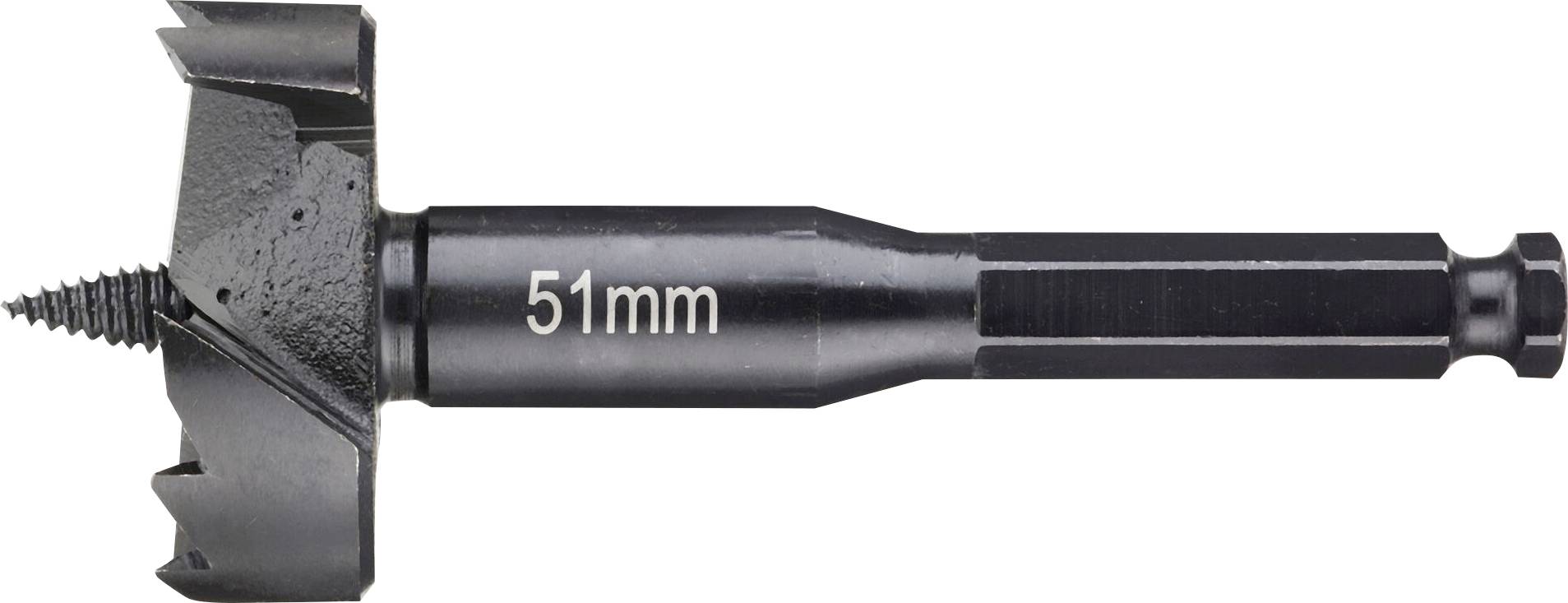 Vrtací hlava se šroubovým hrotem o průměru 51 mm.
