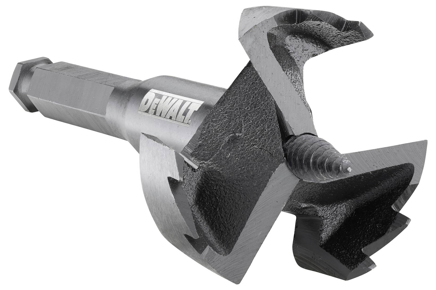Černý vrták do dřeva s ostrým řezným mechanismem a nápisem známé značky nářadí.