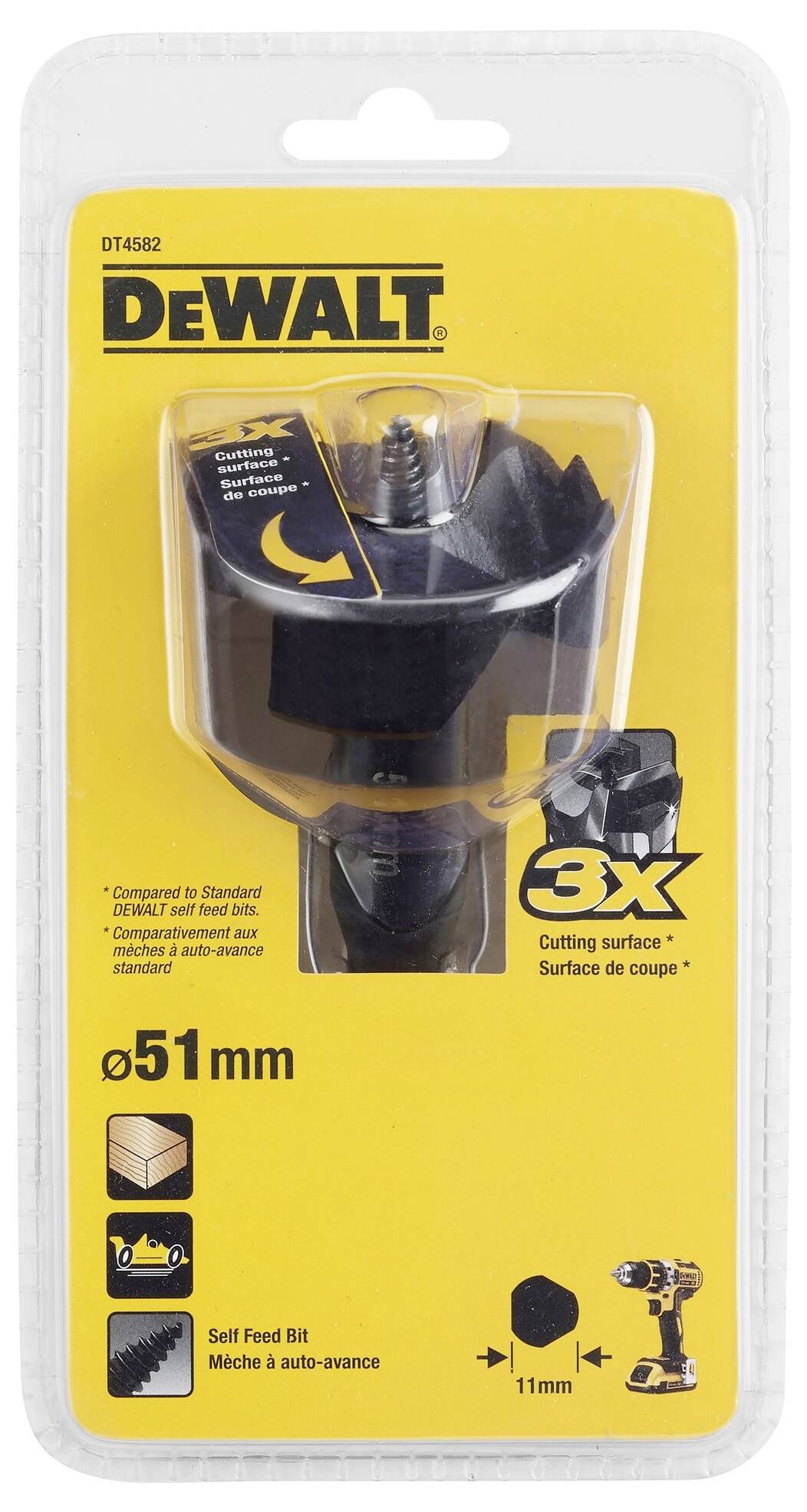 Vrtací koruna DeWalt, Ø51 mm, pro práci se dřevem. Obal zobrazuje obrázek produktu a pokyny k použití s akumulátorovými vrtačkami.