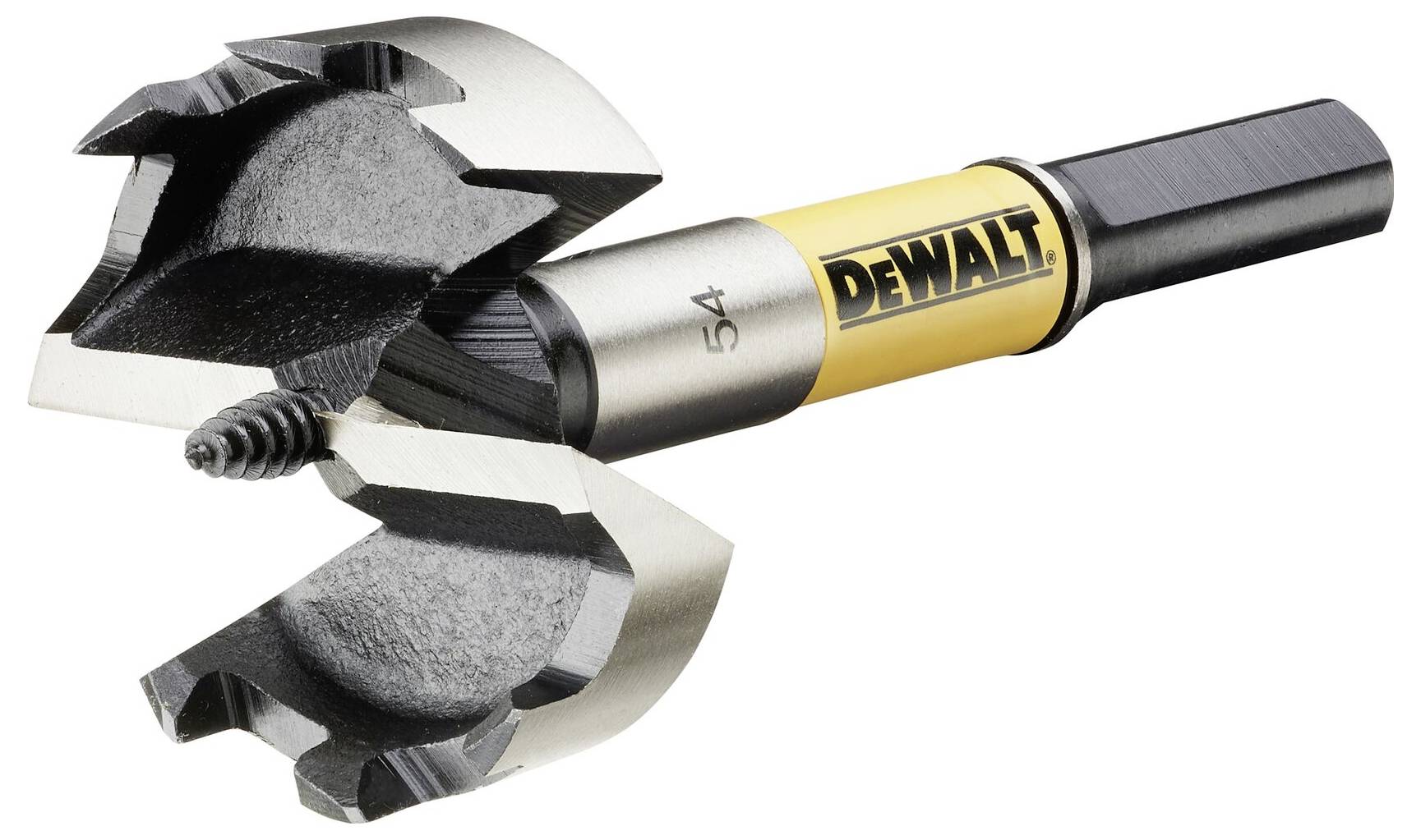Frézovací vrták s žlutým nápisem DEWALT. Černé, ostré břity pro přesné vrtání do dřeva.