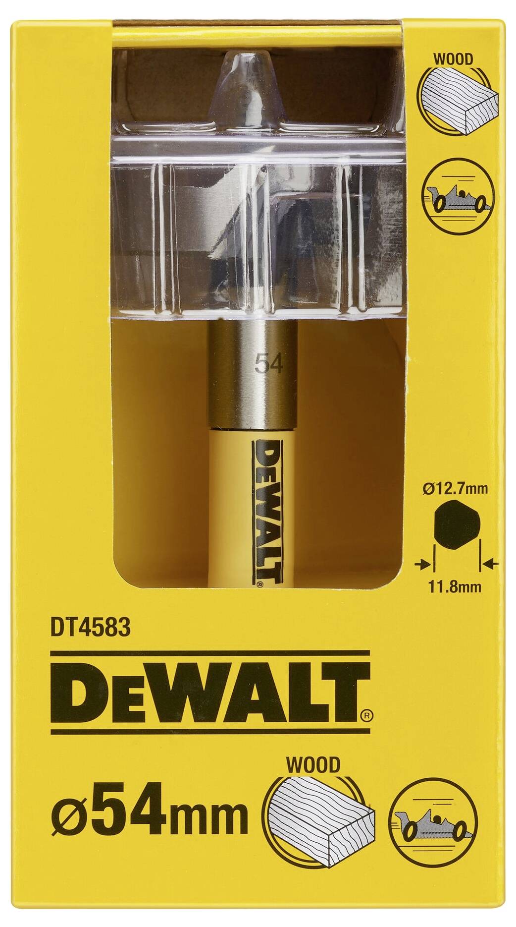 'Vrták DEWALT, Ø54mm. Vhodný pro dřevo; zobrazuje rozměry 12,7mm a 11,8mm. Balení v žluté barvě s ilustracemi.'