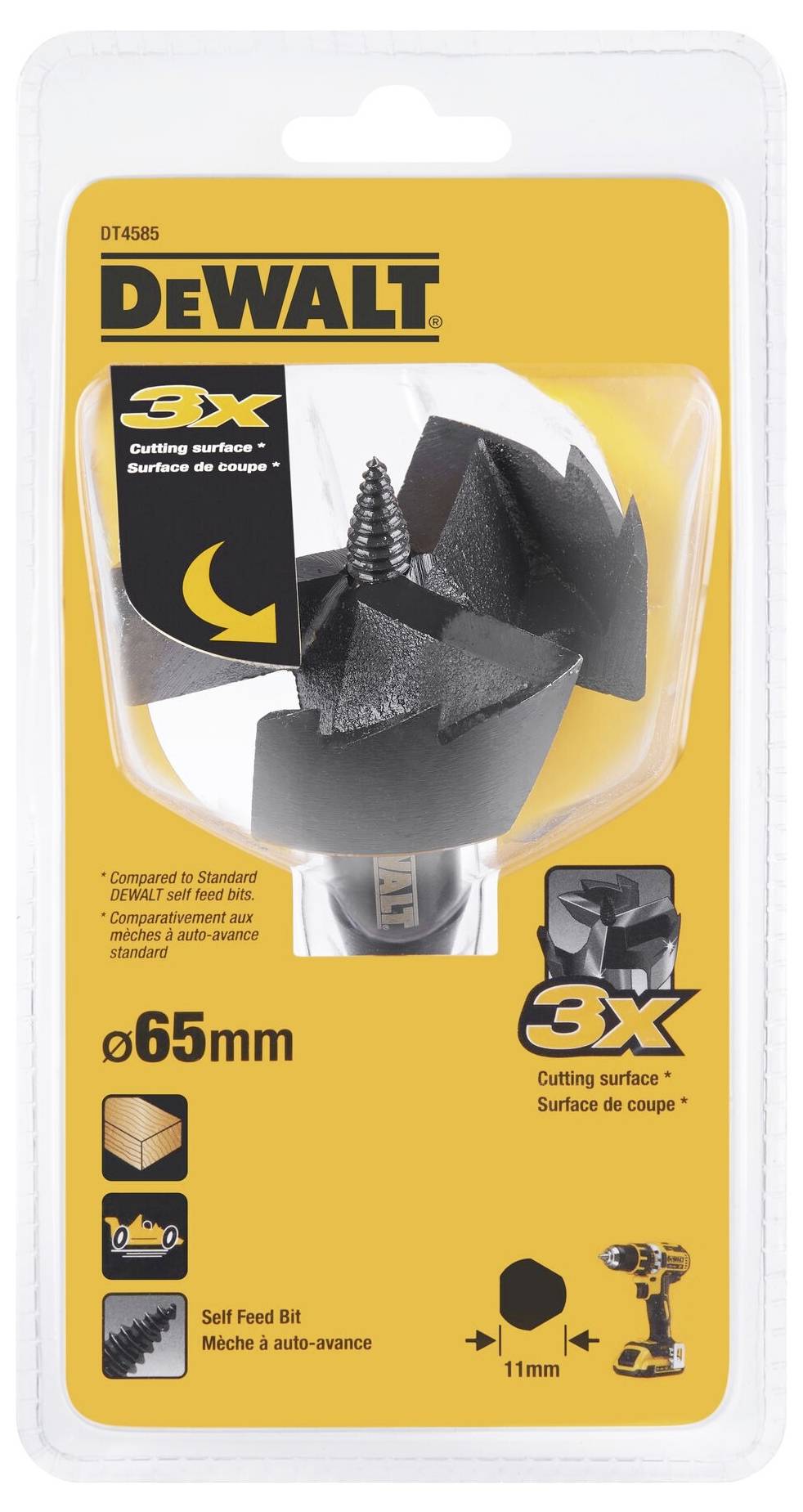 Balení vrtáku Dewalt o průměru 65 mm s nápisem '3x řezná plocha'. Vhodný pro vrtání do dřeva a se samovrtným efektem.