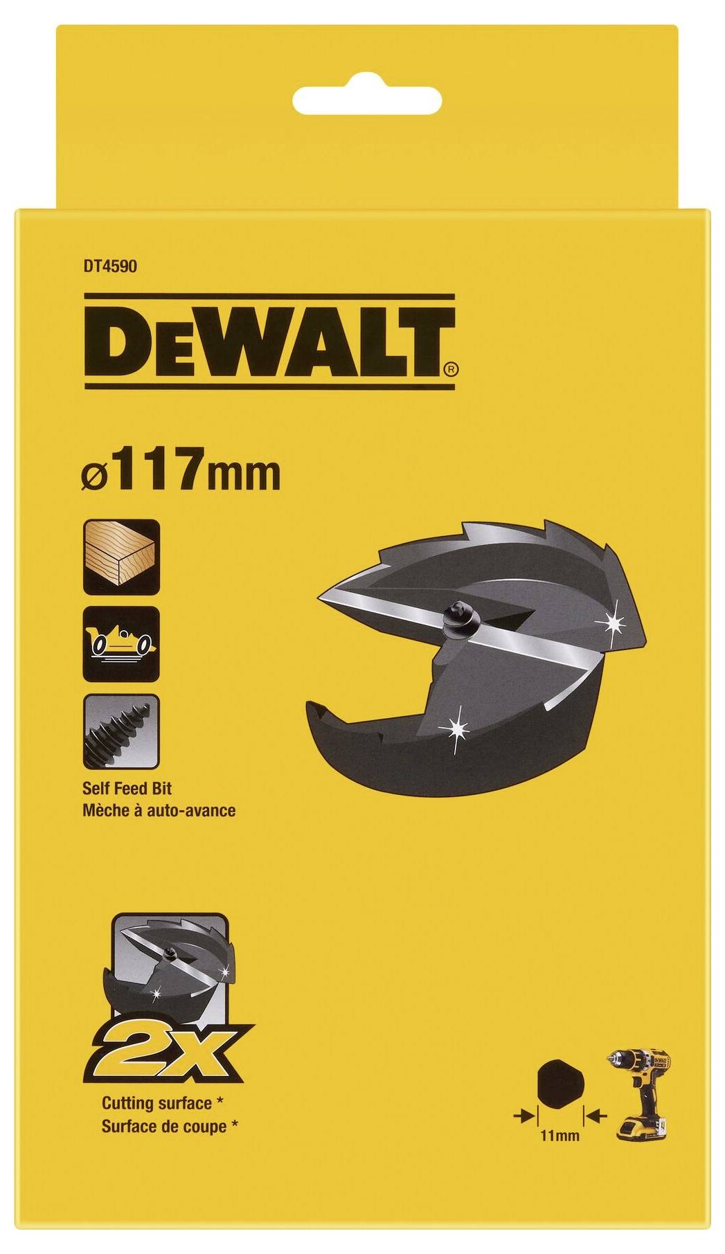 Vrták DeWalt 117mm se samočinným posuvem, balení s vyobrazením vrtáku. Vhodný pro dřevo, stopka 11mm, 2 řezné plochy.