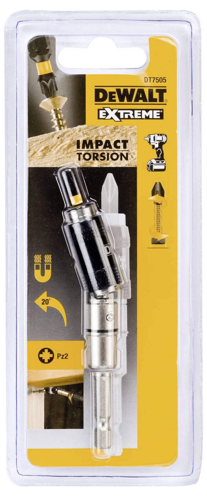 Obal prodlužovací nástavce DeWalt Extreme Impact Torsion zobrazuje obrázek výrobku, firemní logo a technické parametry produktu.