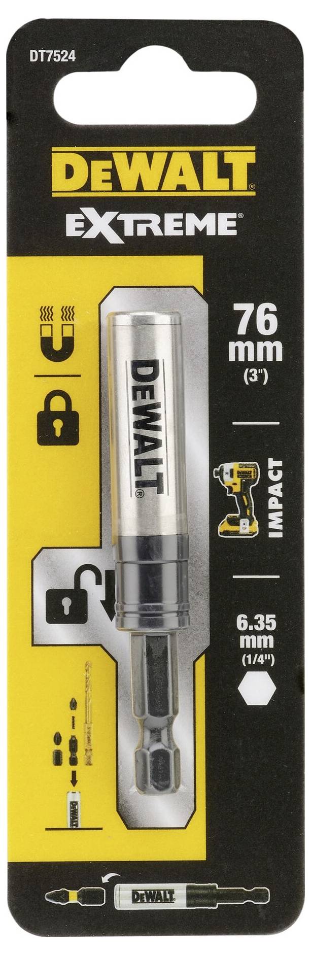 Sada bitů DEWALT Extreme, délka 76 mm, šířka 6,35 mm, vhodná pro příklepové šroubováky, barevně řešená v žluté a černé barvě.