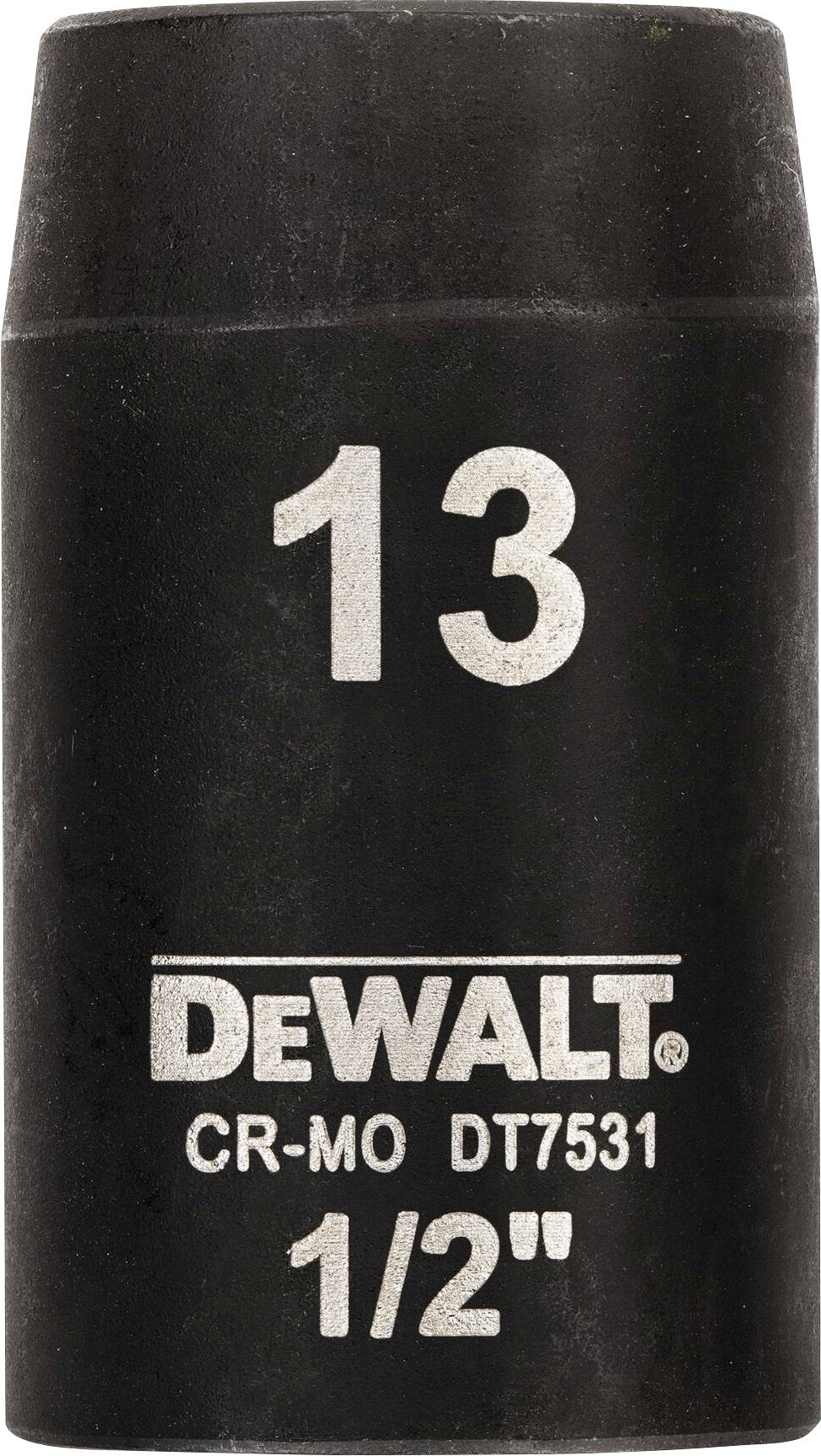 Černý nástrčný klíč s nápisem '13', 'DEWALT CR-MO DT7531' a '1/2"'. Je vyroben z odolného materiálu.