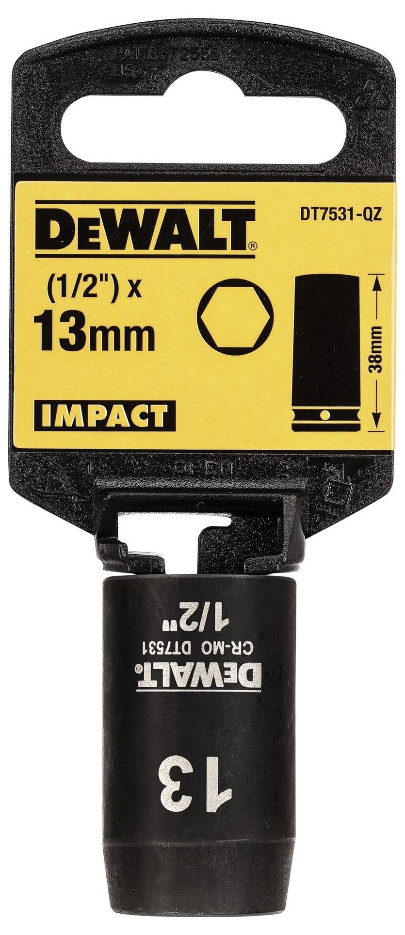 Nástrčná hlavice DEWALT 13mm 1/2" s šestihranným profilem pro rázový utahovák, délka 38mm. Balení v žluté barvě s černým textem.