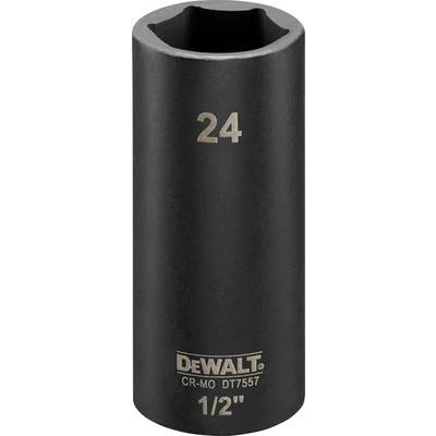 Černý šestihranný nástavec o velikosti 24 s nápisem 'DEWALT CR-MO DT7557 1/2'''.