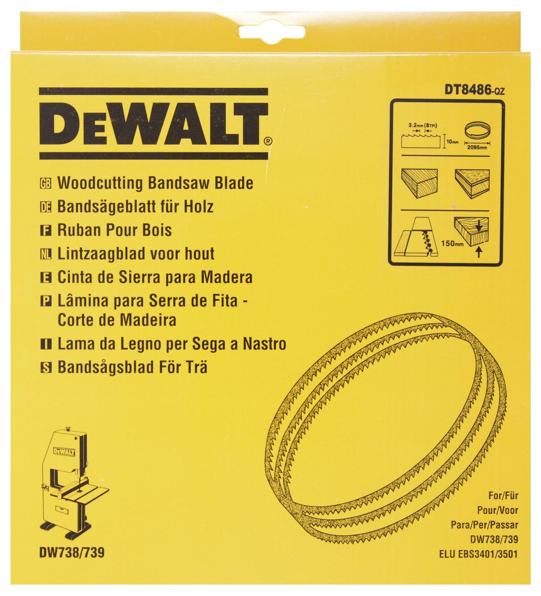 Žlutý obal pilového pásu DEWALT pro dřevo, model DT8486, popsaný v několika jazycích, kompatibilní s modely DW738/739.