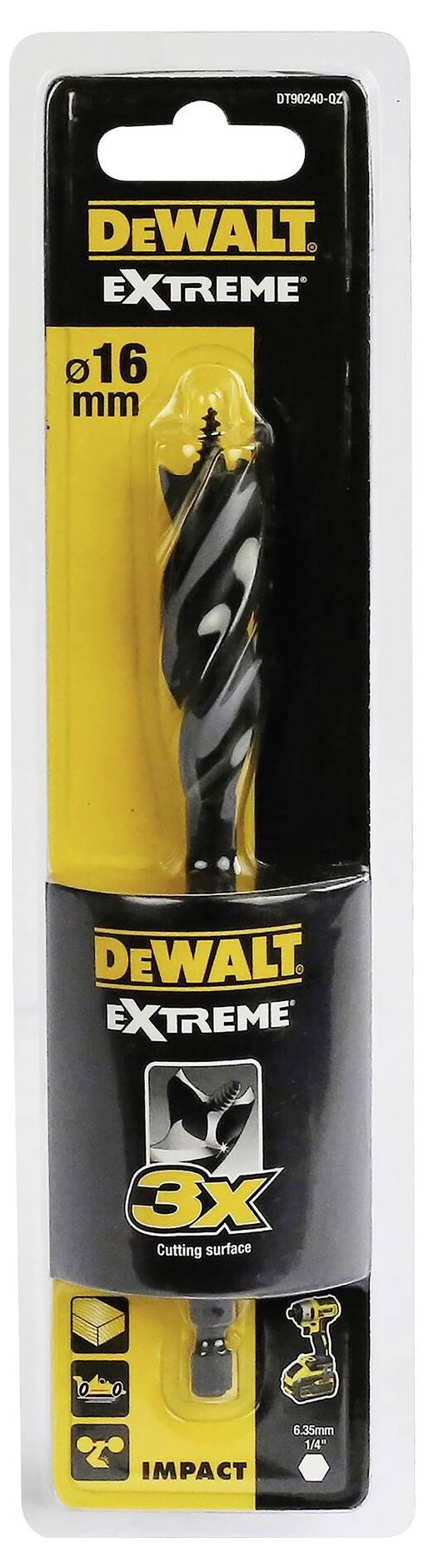 Sada vrtáků DEWALT Extreme 3X v blistrovém balení. Hlavní vrták má průměr 16 mm a je vhodný pro příklepové vrtání. Balení je v černo-žluté barvě a zdůrazňuje trvanlivost produktu.
