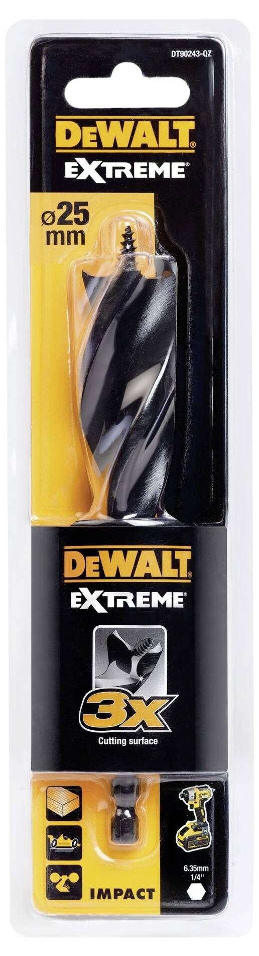 'DEWALT Extrémní dřevěný vrták, 25 mm, vhodný pro vrtačky, pro přesné vrtání do dřeva.'
