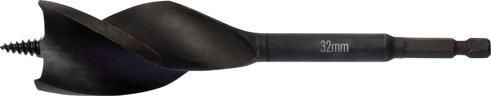 Černý dřevěný vrták o průměru 32 mm se šestihrannou stopkou.
