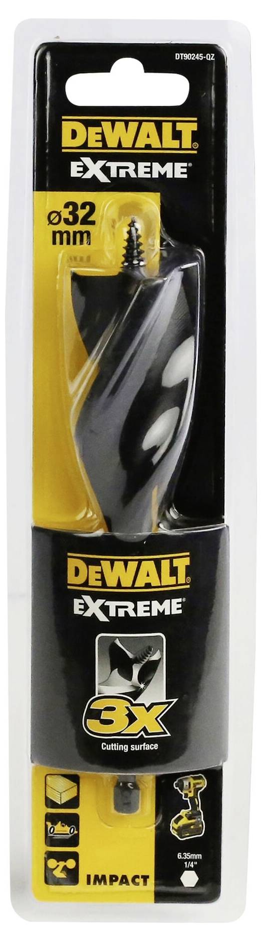 'DEWALT EXTREME' špička vrtáku, 32 mm, v žluté a černé obalu. Označeno jako '3x rychlejší', vhodné pro příklepové vrtačky.