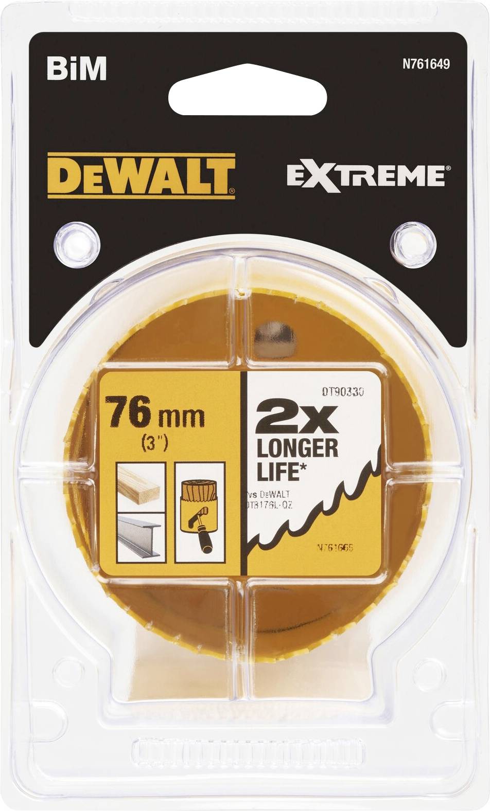 Kulatá děrovka s nápisem 'DeWalt Extreme', 76 mm. Slibuje dvojnásobnou životnost. Obal zobrazuje dvě použití: dřevo a kov.