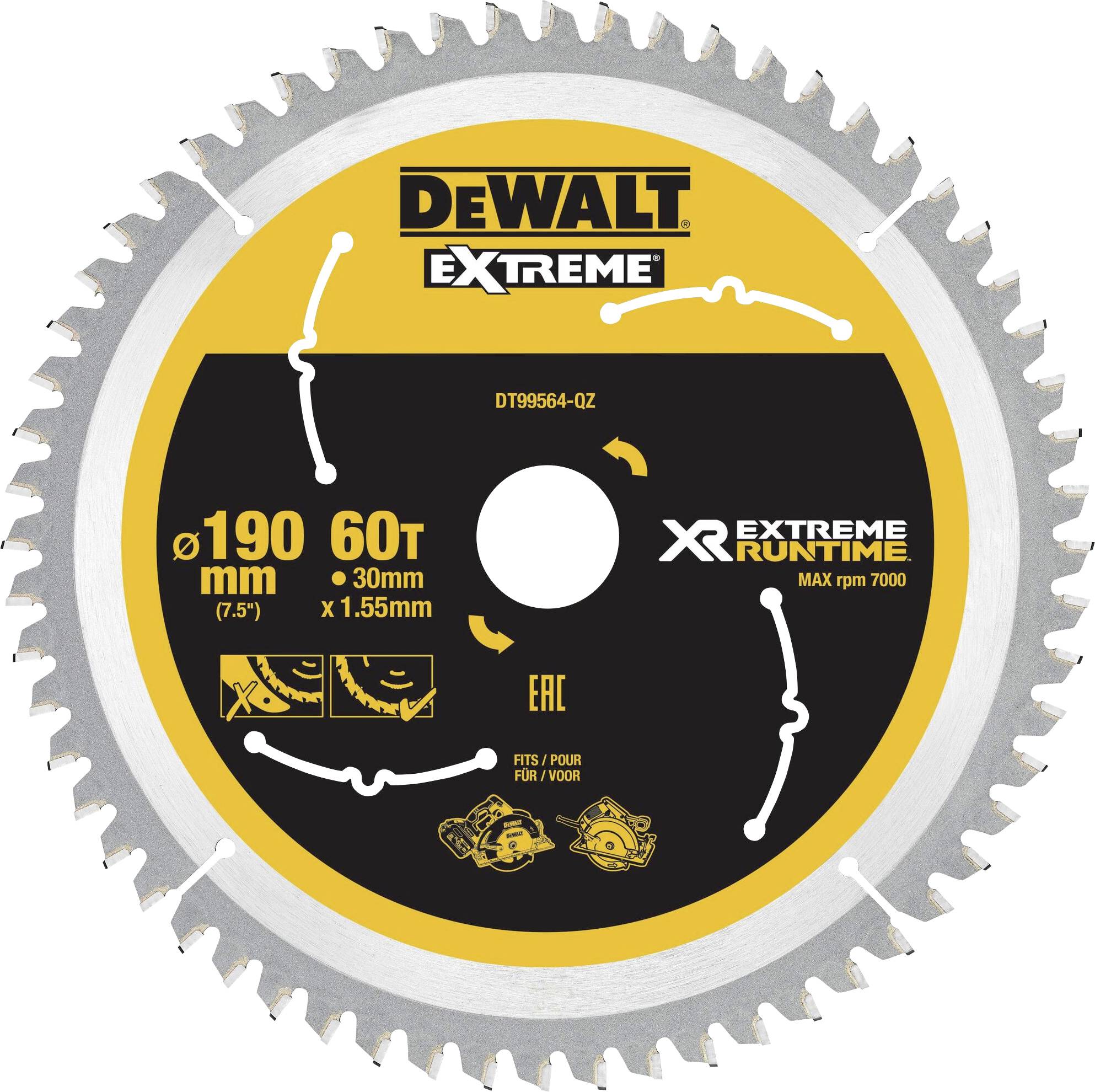Pilový list DEWALT Extreme, průměr 190 mm, 60 zubů, na dřevo, maximální otáčky 7000 ot/min.