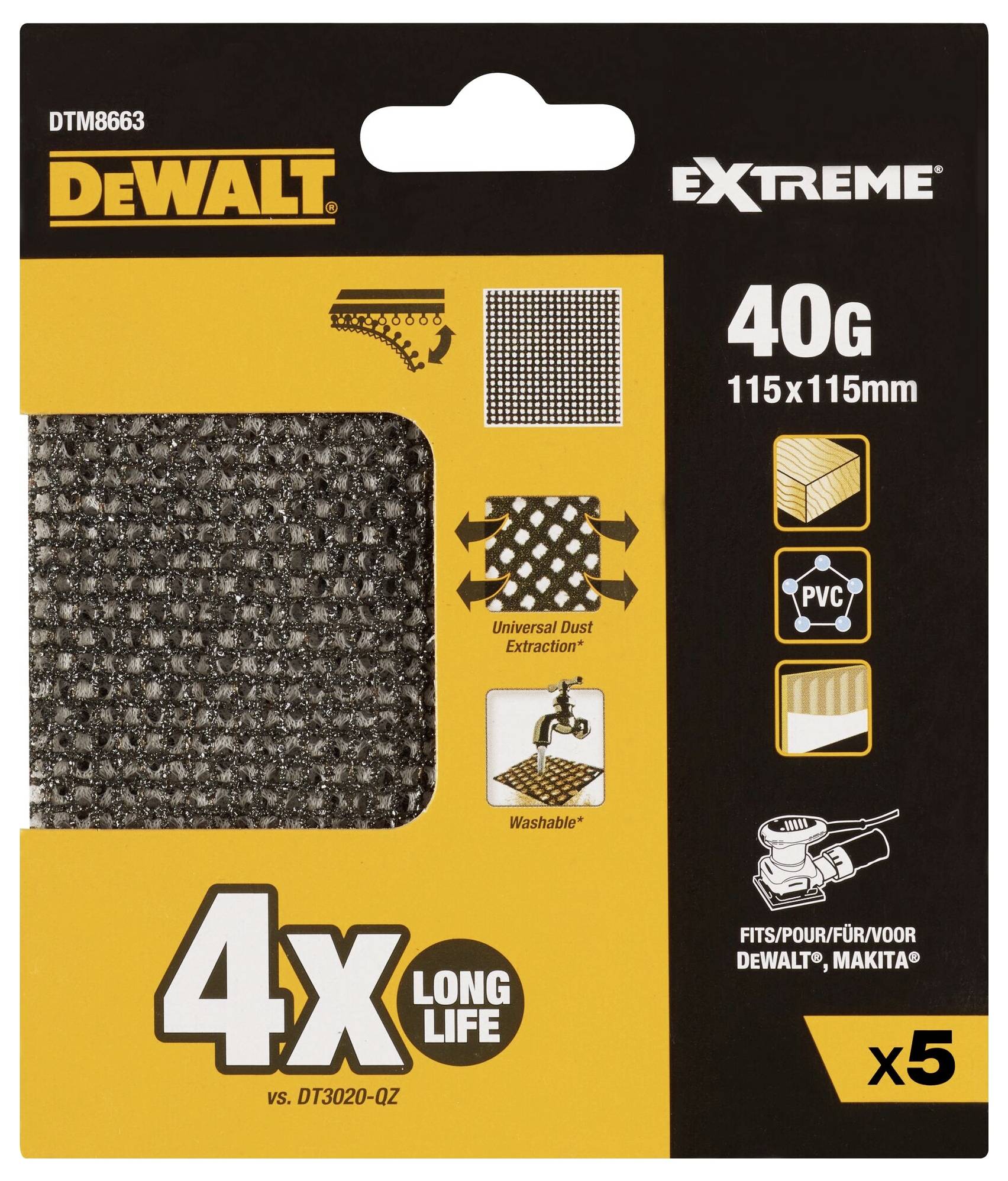 Balení brusného papíru značky 'Dewalt', zrnitost 40G, rozměr 115x115mm. Zvýrazněné vlastnosti: univerzální odsávání prachu, omyvatelný. Obsahuje 5 kusů.