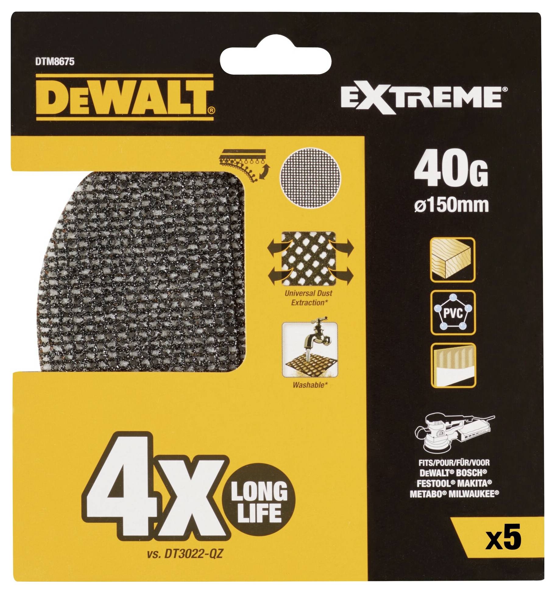 'DeWalt brusný papír, Extreme, zrnitost 40, 150 mm, dlouhodobě odolný' se symboly pro 'Univerzální odsávání prachu', 'Omyvatelný', 'PVC', 'Dřevo'.