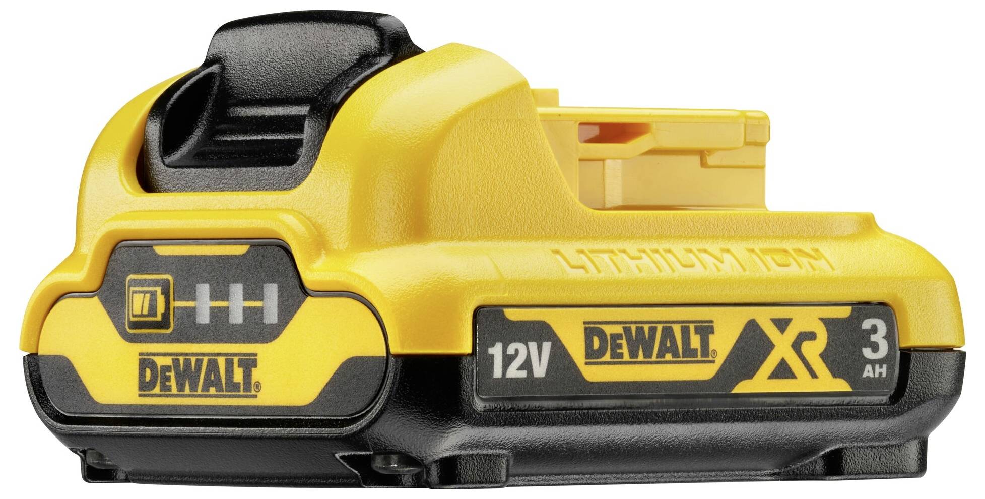 Žlutý akumulátor Dewalt 12V lithium-iontový s kapacitou 3 Ah.