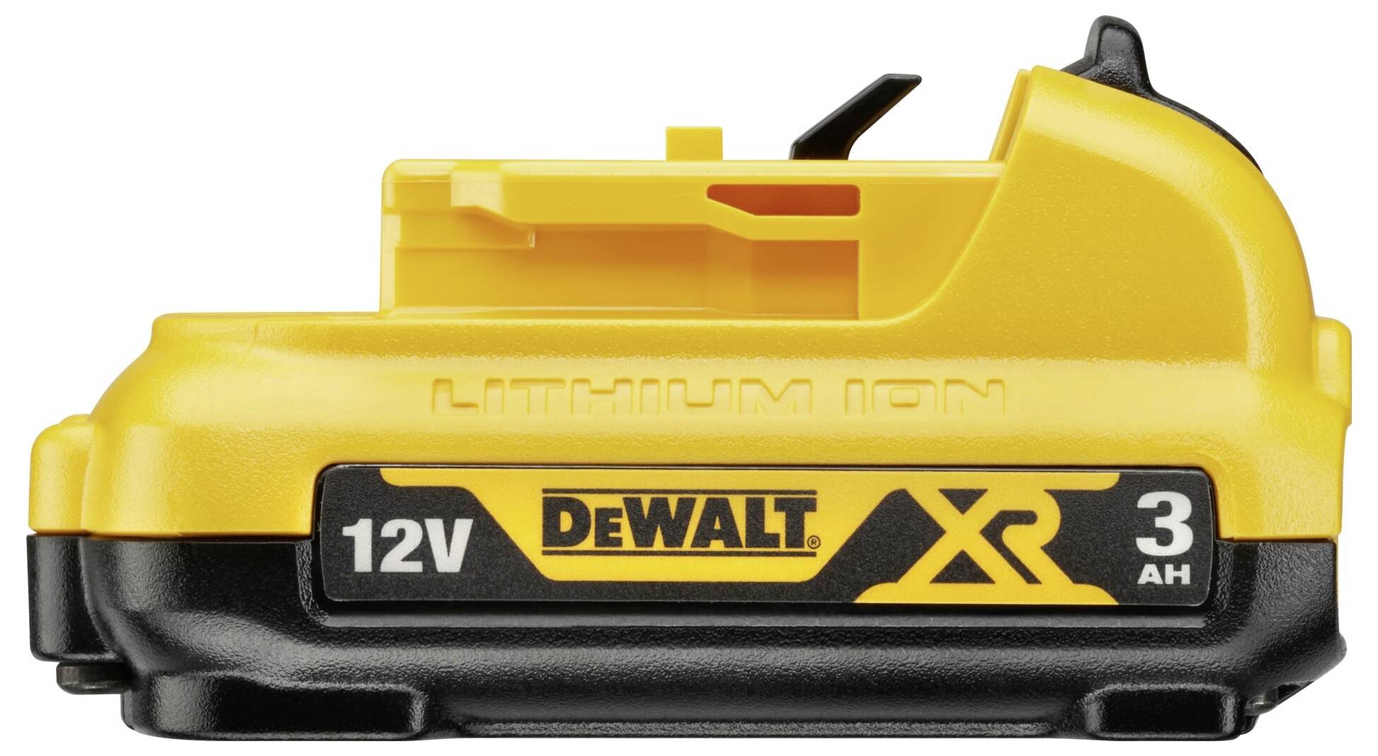 Žlutý a černý lithium-iontový akumulátor značky DEWALT XR s nápisem '12V 3Ah', pohled z boku, kompaktní a přenosný.