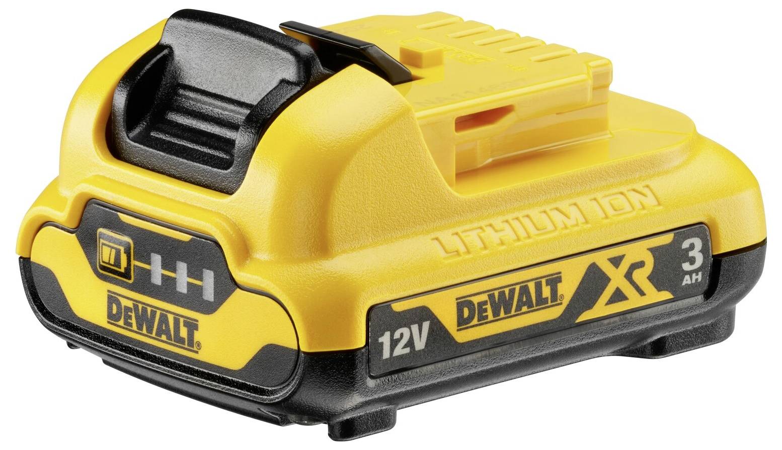 Akumulátor DeWalt, 12V lithium-iontový, žluto-černý, série XR, s kapacitou 3 ampérhodiny.