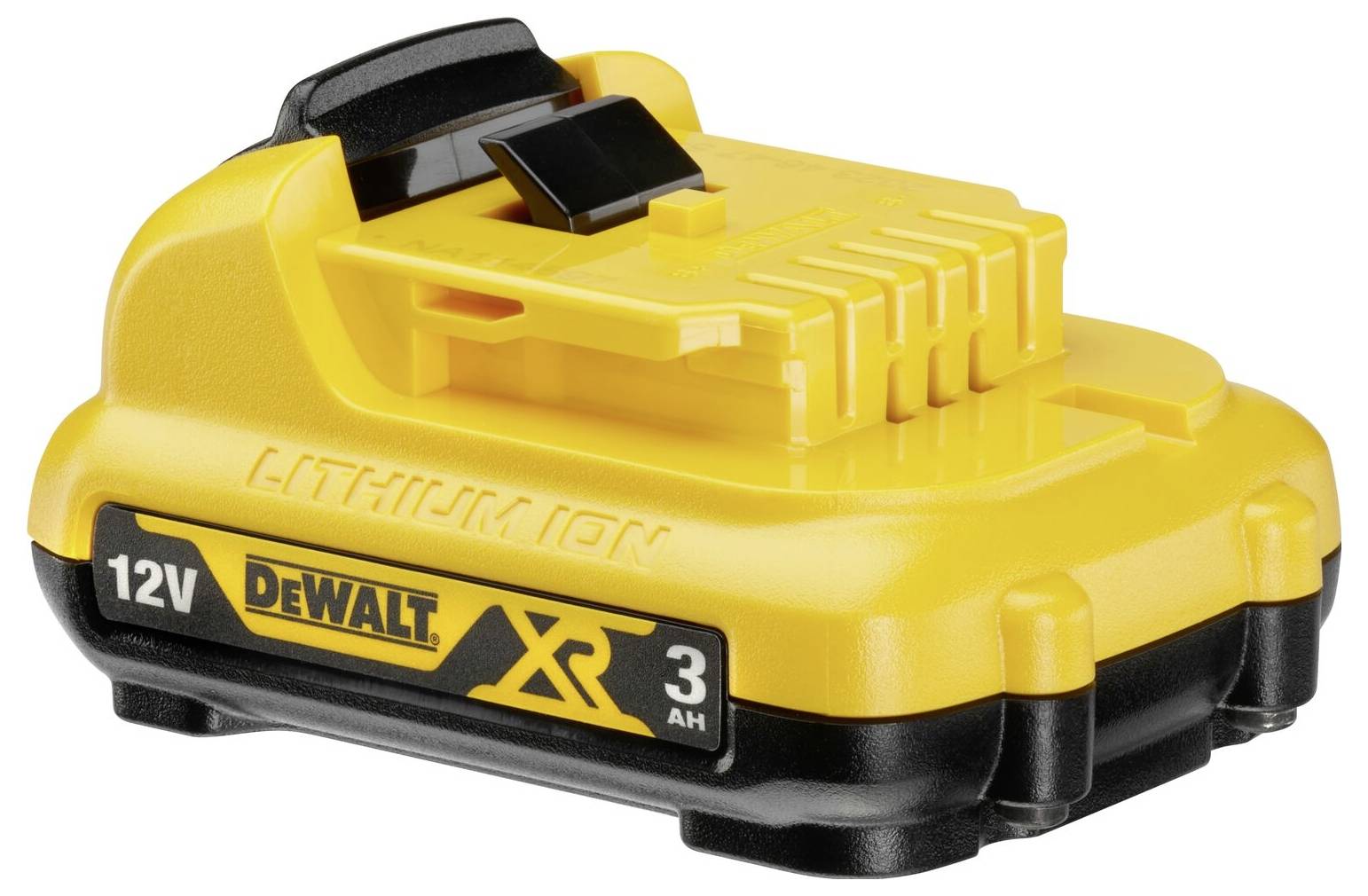Žlutý 12V lithium-iontový akumulátor s nápisem 'DeWalt XR 3 Ah', vhodný pro elektrické nářadí.