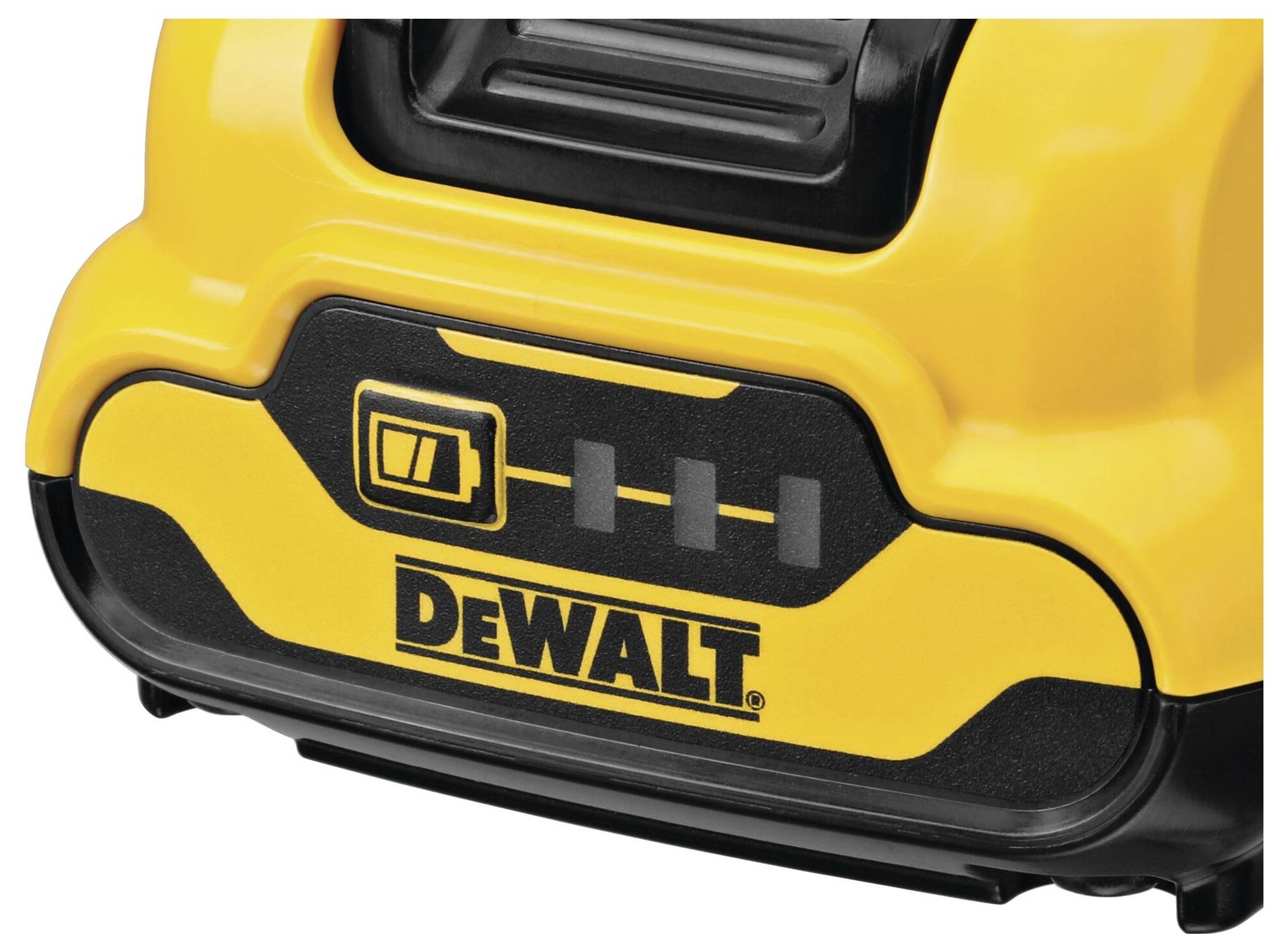 Žlutý akumulátor DEWALT s indikátorem stavu baterie na přední straně, skládající se ze čtyř segmentů.