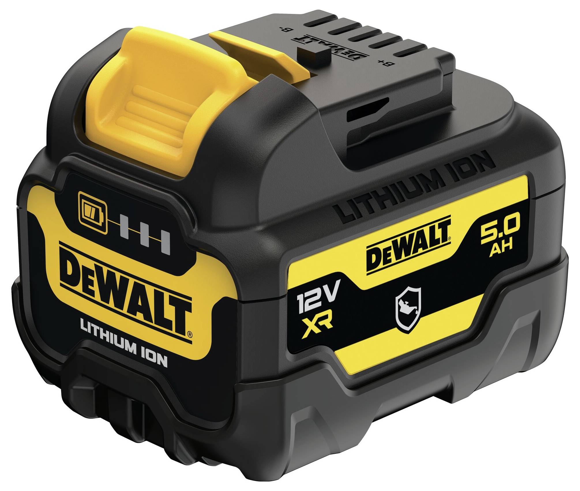 'Akumulátor DEWALT 12V XR Lithium-iontový s kapacitou 5,0 Ah. Černé a žluté provedení s indikátorem kapacity.'