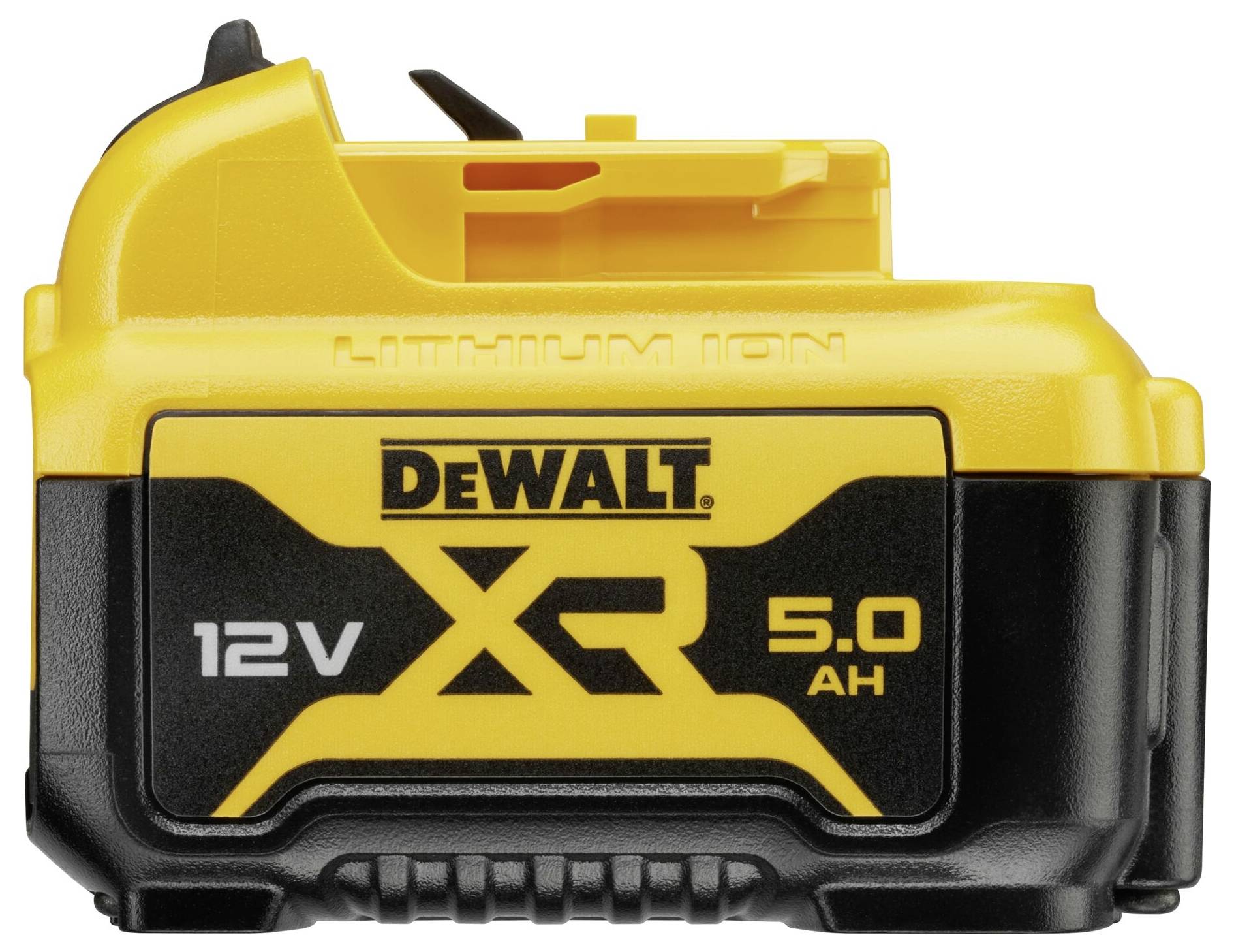 Žlutý a černý DeWalt lithium-iontový akumulátor s 12V a kapacitou 5,0 Ah, vhodný pro nástroje XR.