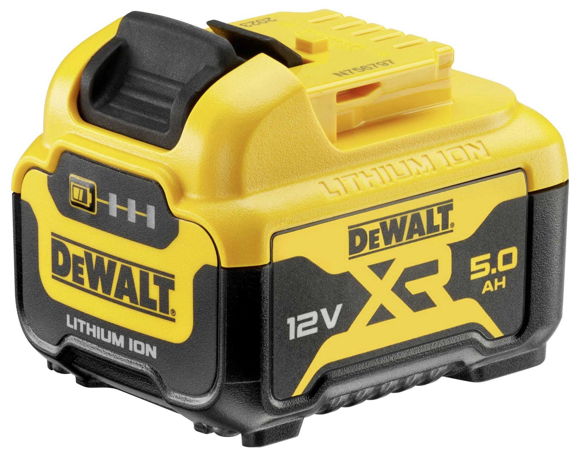Žlutý akumulátor DeWalt s lithium-iontovou technologií o napětí 12V a kapacitě 5,0 Ah.