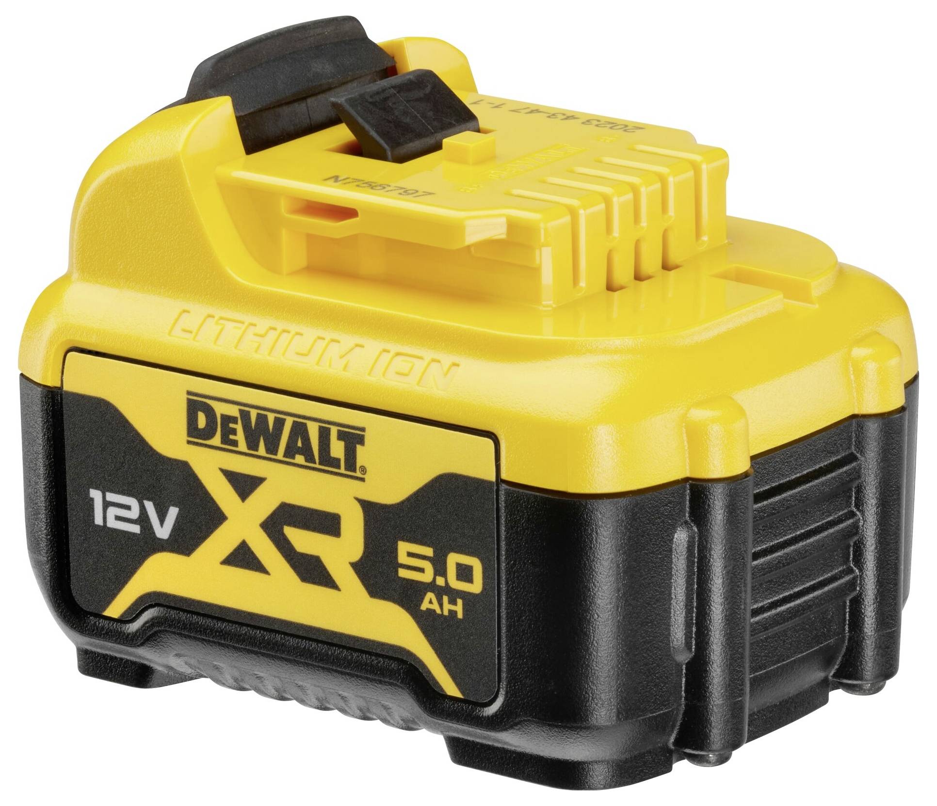 Žlutý a černý 12V DeWalt XR lithium-iontový akumulátor s kapacitou 5,0 Ah, vhodný pro elektřinou poháněné nástroje, robustní design.