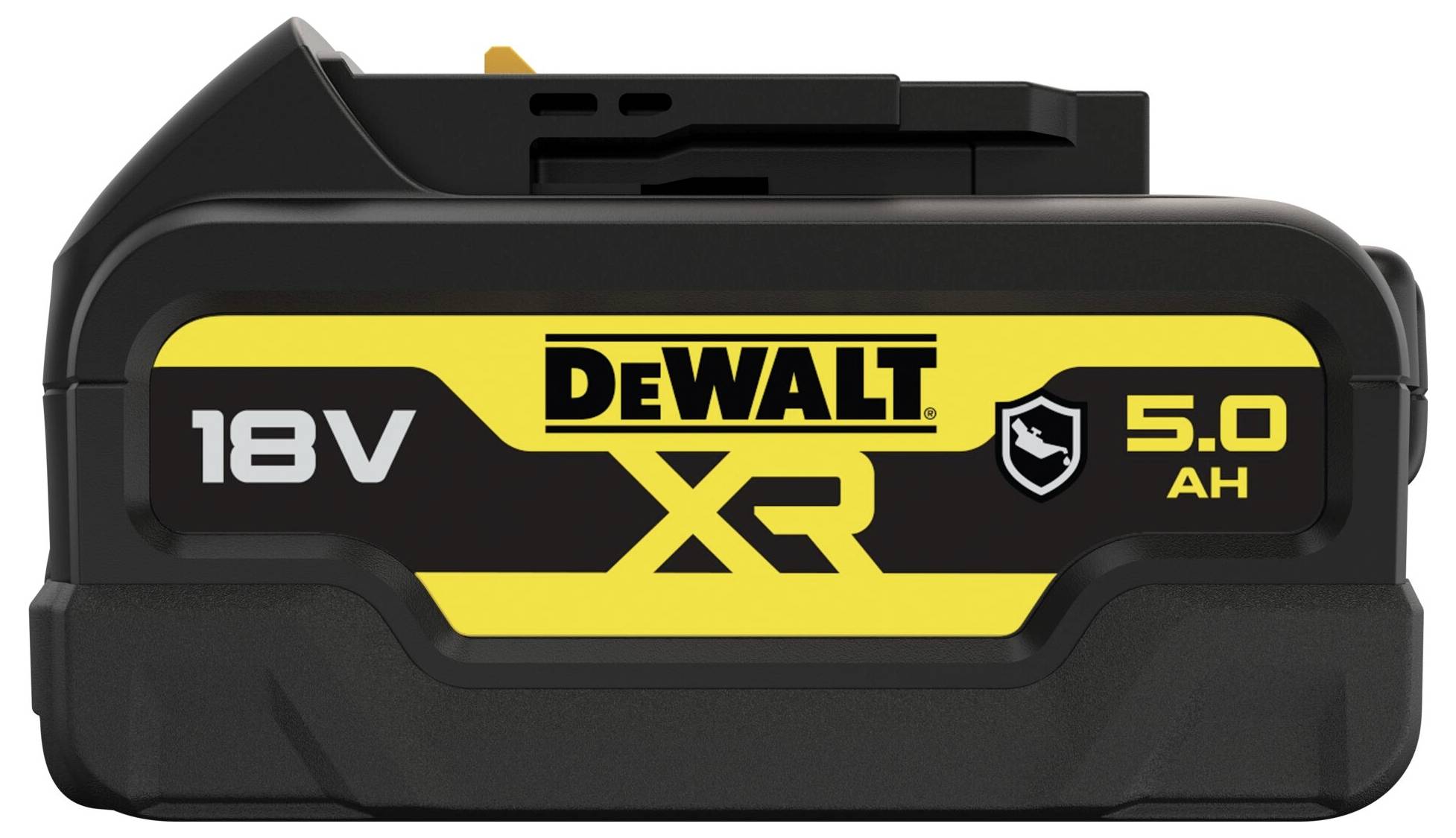Akumulátor Dewalt 18V XR 5.0 Ah v černém a žlutém pouzdře, zachycený z profilu.