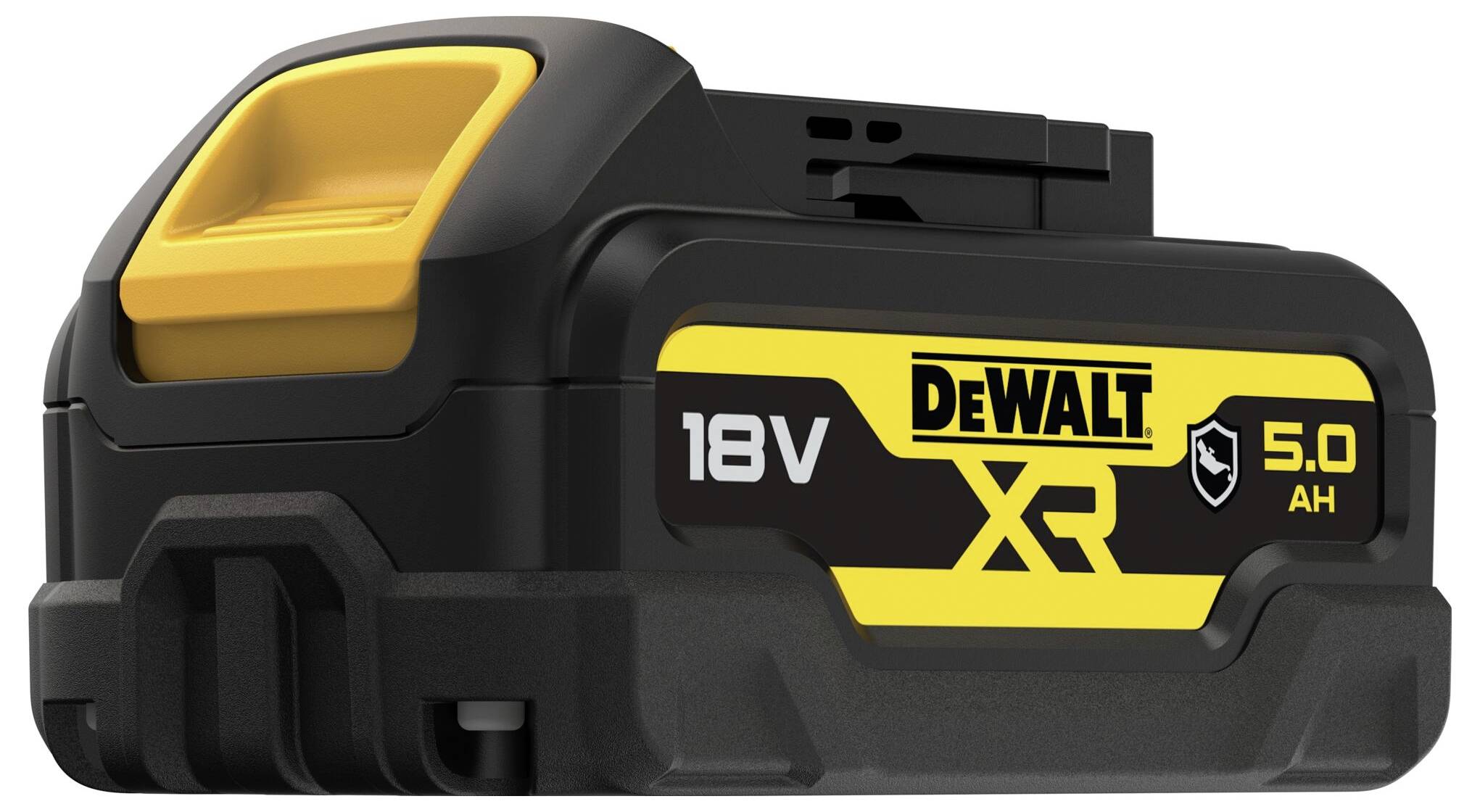 Na obrázku je vidět akumulátor Dewalt 18V XR s kapacitou 5,0 Ah. Akumulátor je černé a žluté barvy a zobrazuje logo Dewalt.