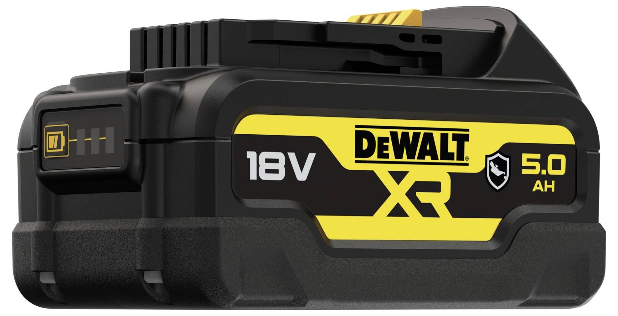 Černá a žlutá 18V lithium-iontová baterie s nápisem 'DEWALT XR 5.0 AH', vhodná pro elektrické nářadí.