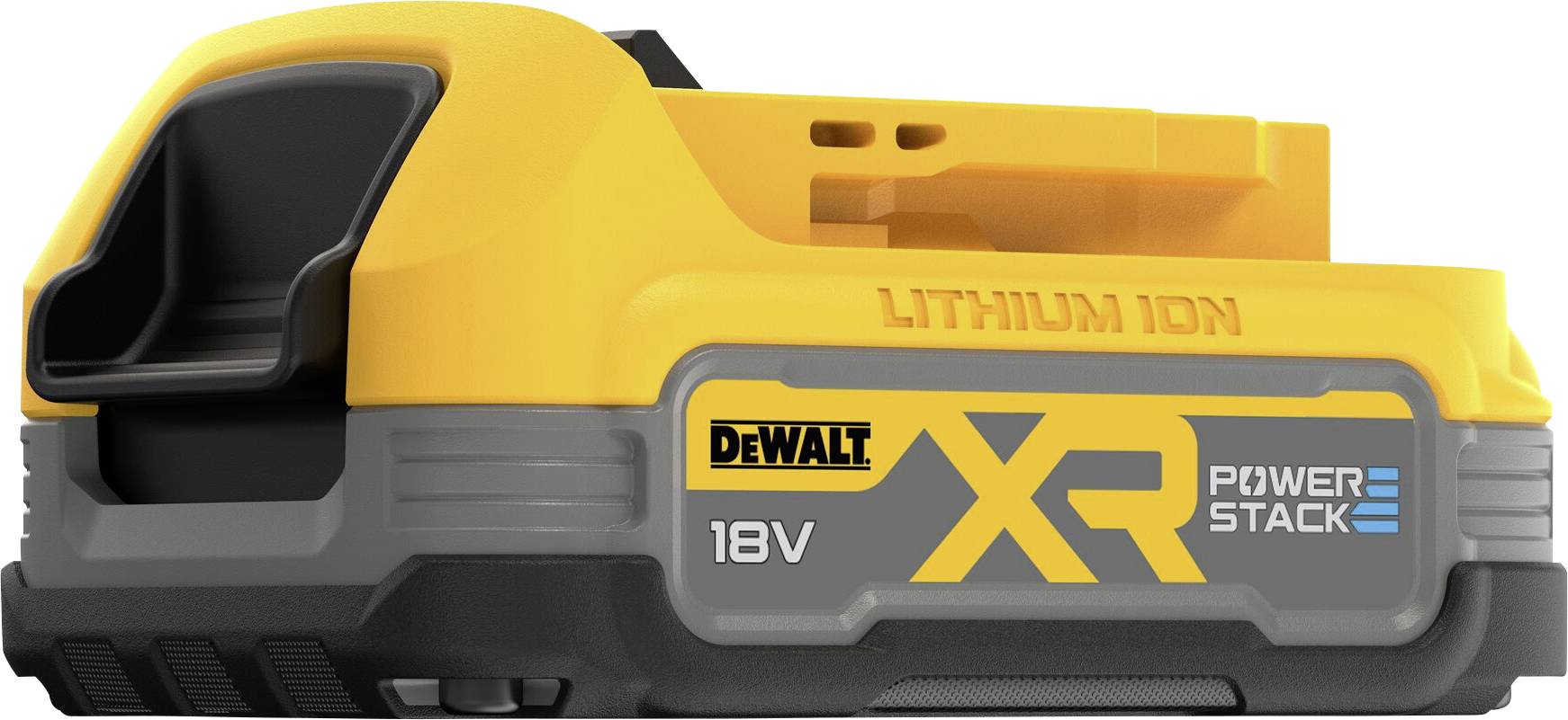 Žlutý 18V lithium-iontový akumulátor značky DeWalt, model XR Powerstack. Slouží k napájení elektrických nástrojů.
