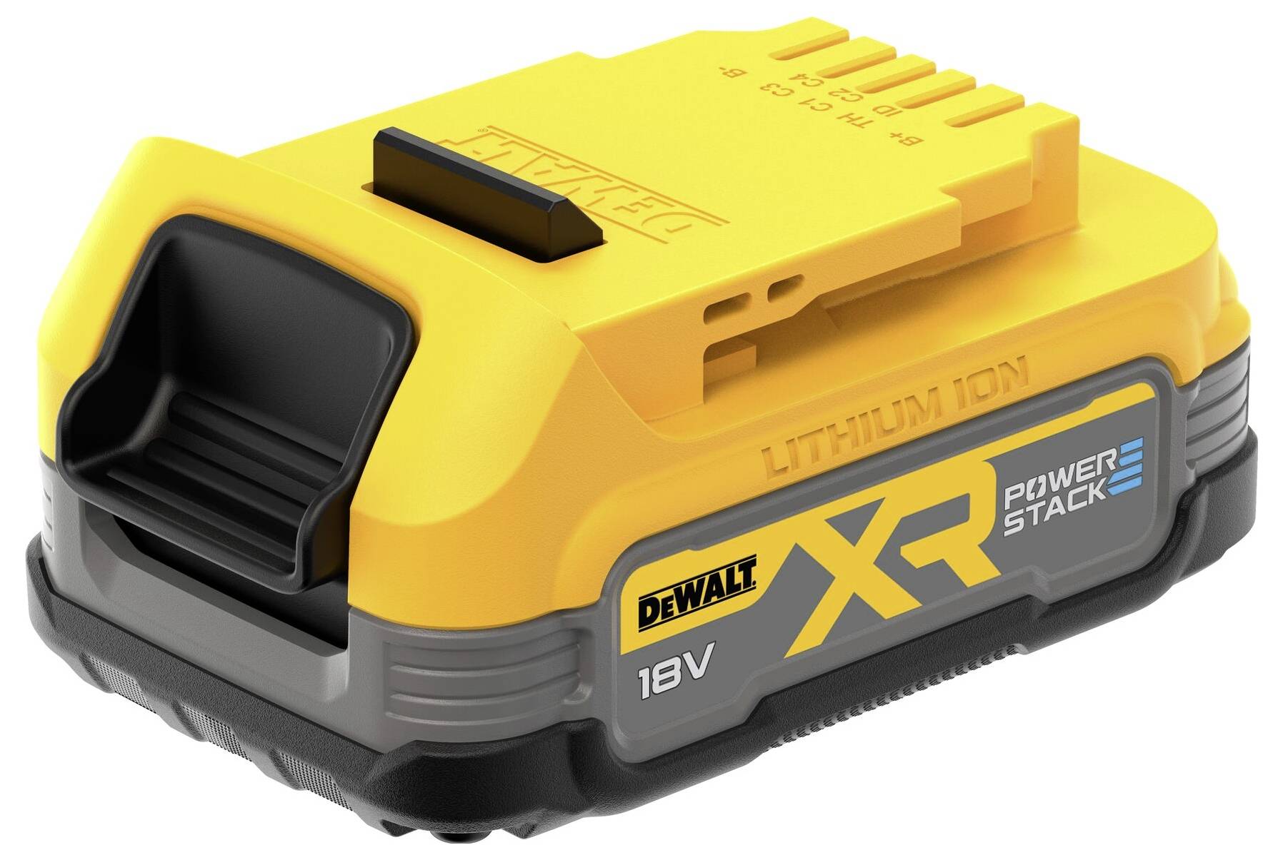 Akumulátor DeWalt XR PowerStack 18V lithium-iontový v žluté a černé barvě, kompaktní design, vhodný pro bezdrátové elektrické nářadí.