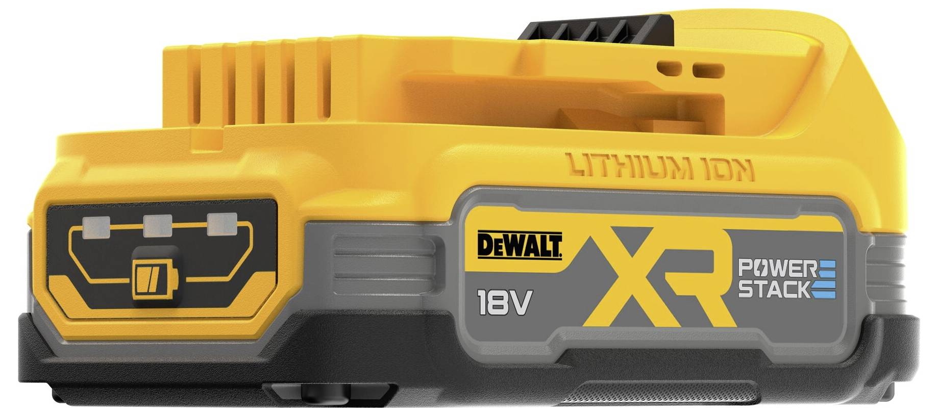 Žlutý akumulátor DEWALT 18V Lithium-Ion, model XR PowerStack, s černým a šedým krytem a výrazným označením.
