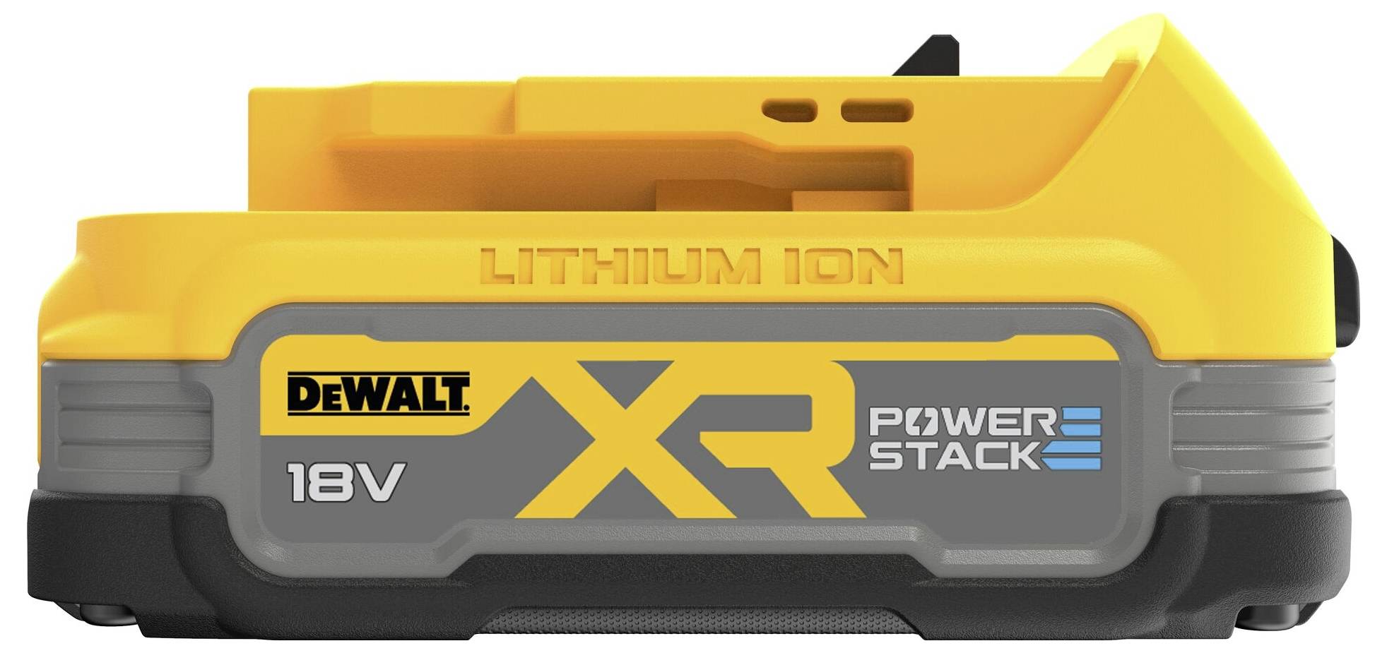 Lithium-iontová baterie DeWalt XR pro 18V nářadí, žluto-šedý design s šedým nápisem 'POWER STACK'.