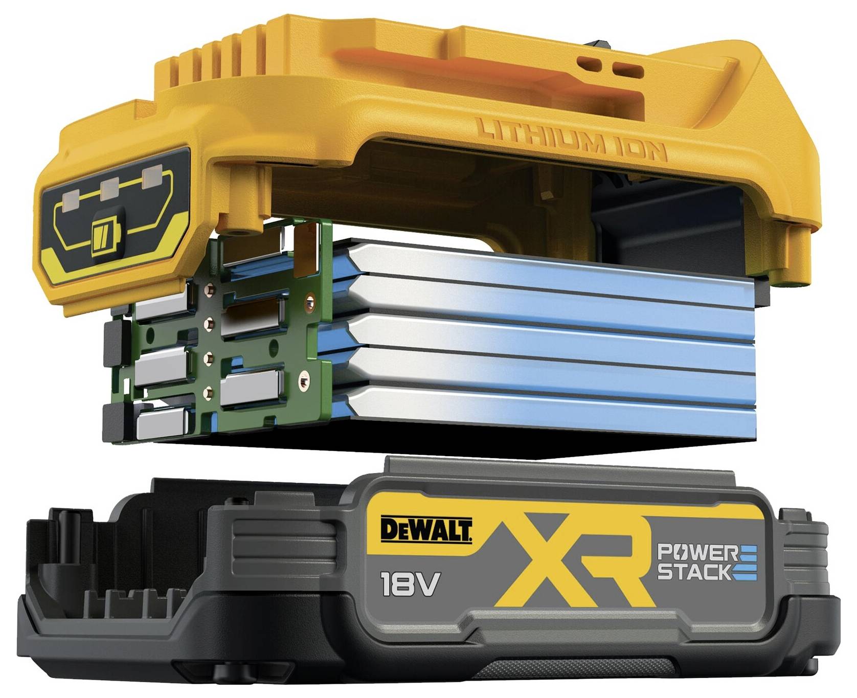 Na obrázku je zobrazen vrstvený DeWalt XR PowerStack 18V lithium-iontový akumulátor s odklopenou buněčnou strukturou a krytem.